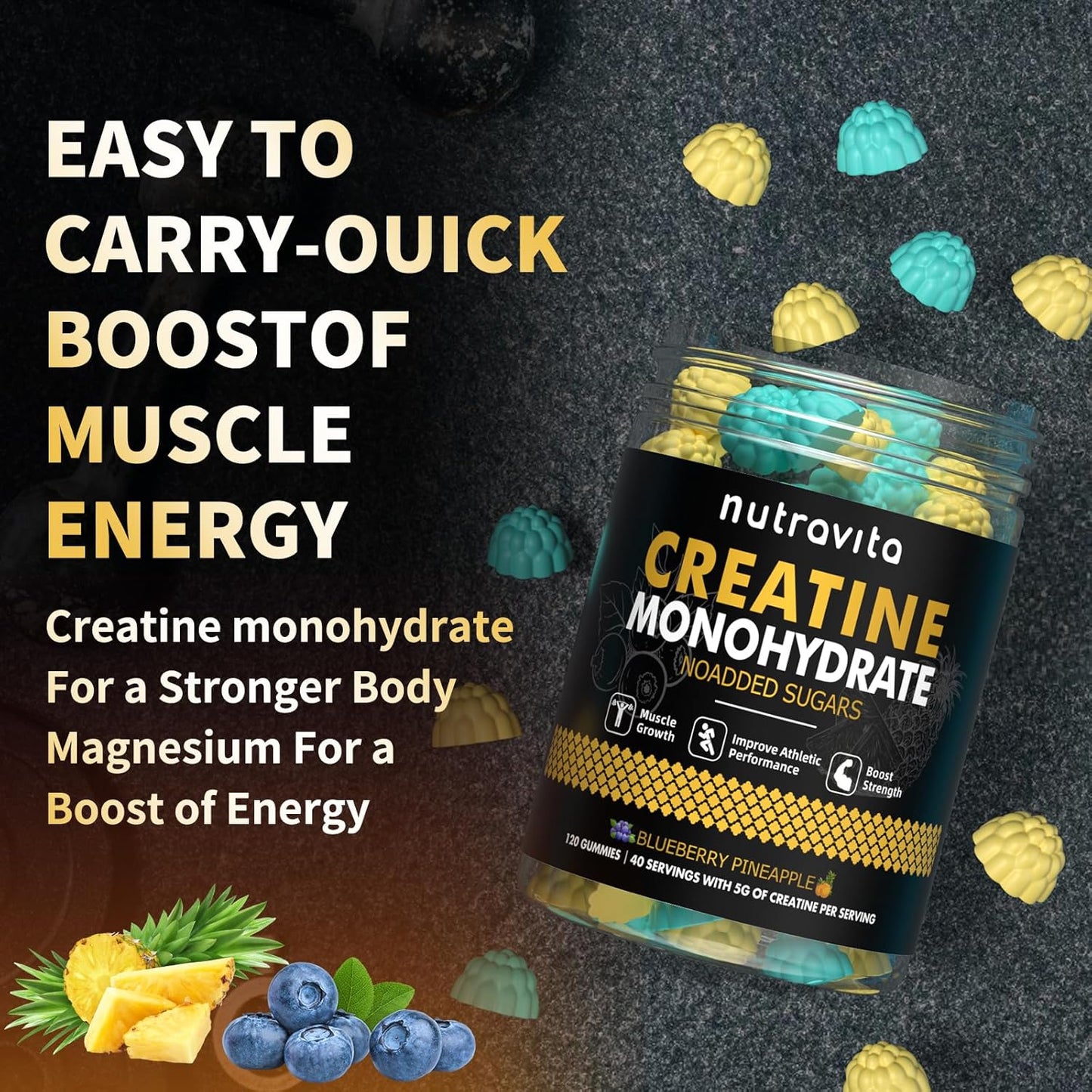 Sugar Free Vegan Blueberry Pineapple Flavored Creatine Gummies - 5g Creatine Monohydrate per Serving - 120 Count for Men and Women by Nutravita