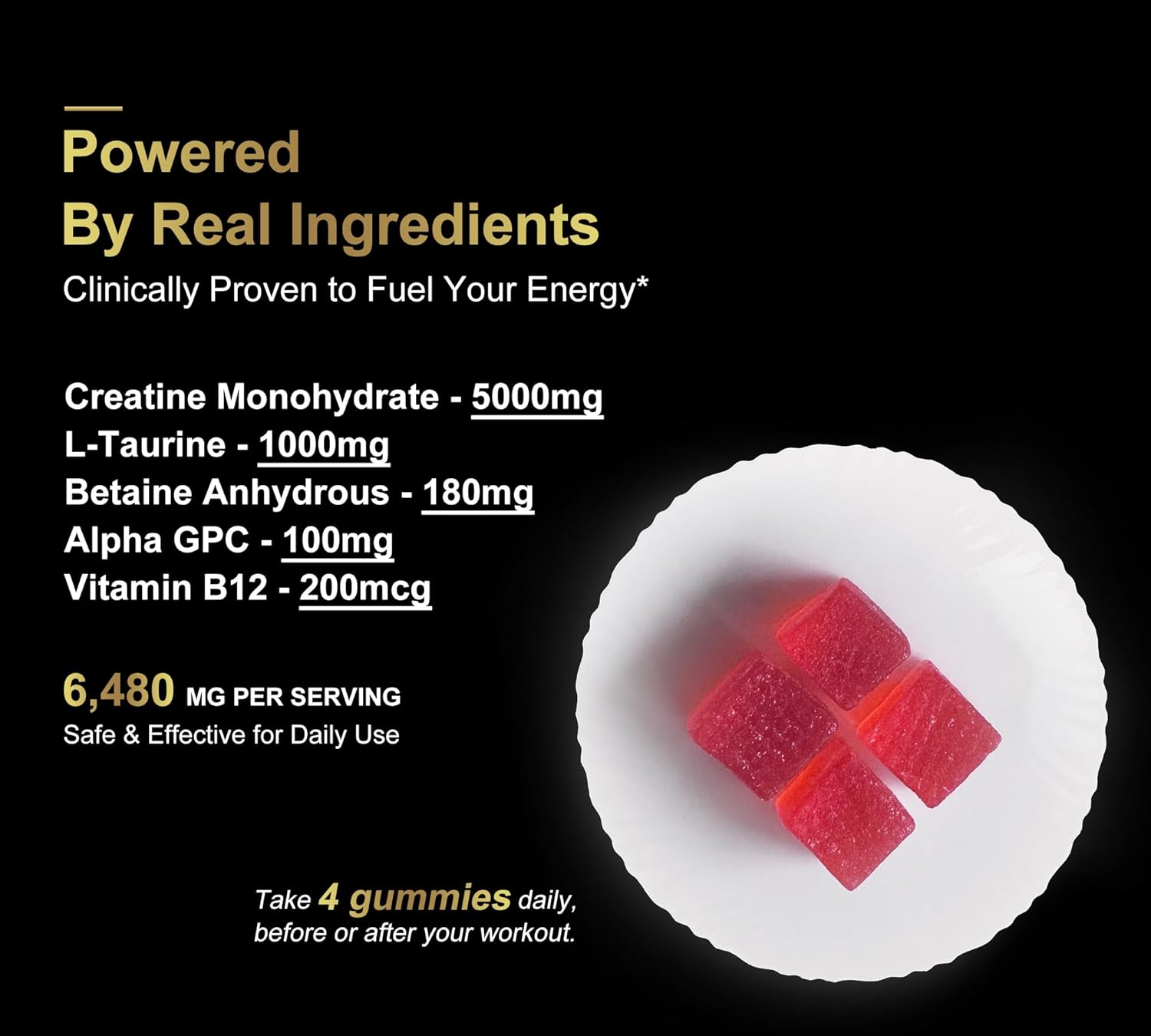 Sugar-Free Vegan DLNIA Creatine Gummies with L-Taurine & Vitamin B12 for Muscle Strength & Recovery - Men & Women's Pre-Workout Supplement