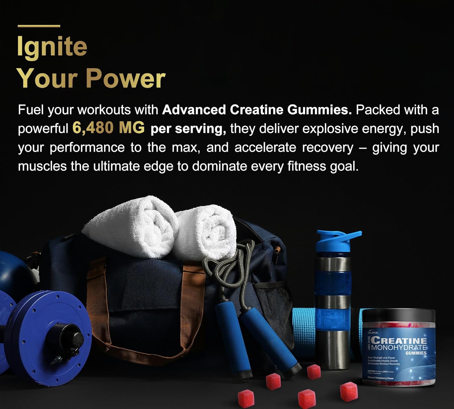 Sugar-Free Vegan DLNIA Creatine Gummies with L-Taurine & Vitamin B12 for Muscle Strength & Recovery - Men & Women's Pre-Workout Supplement