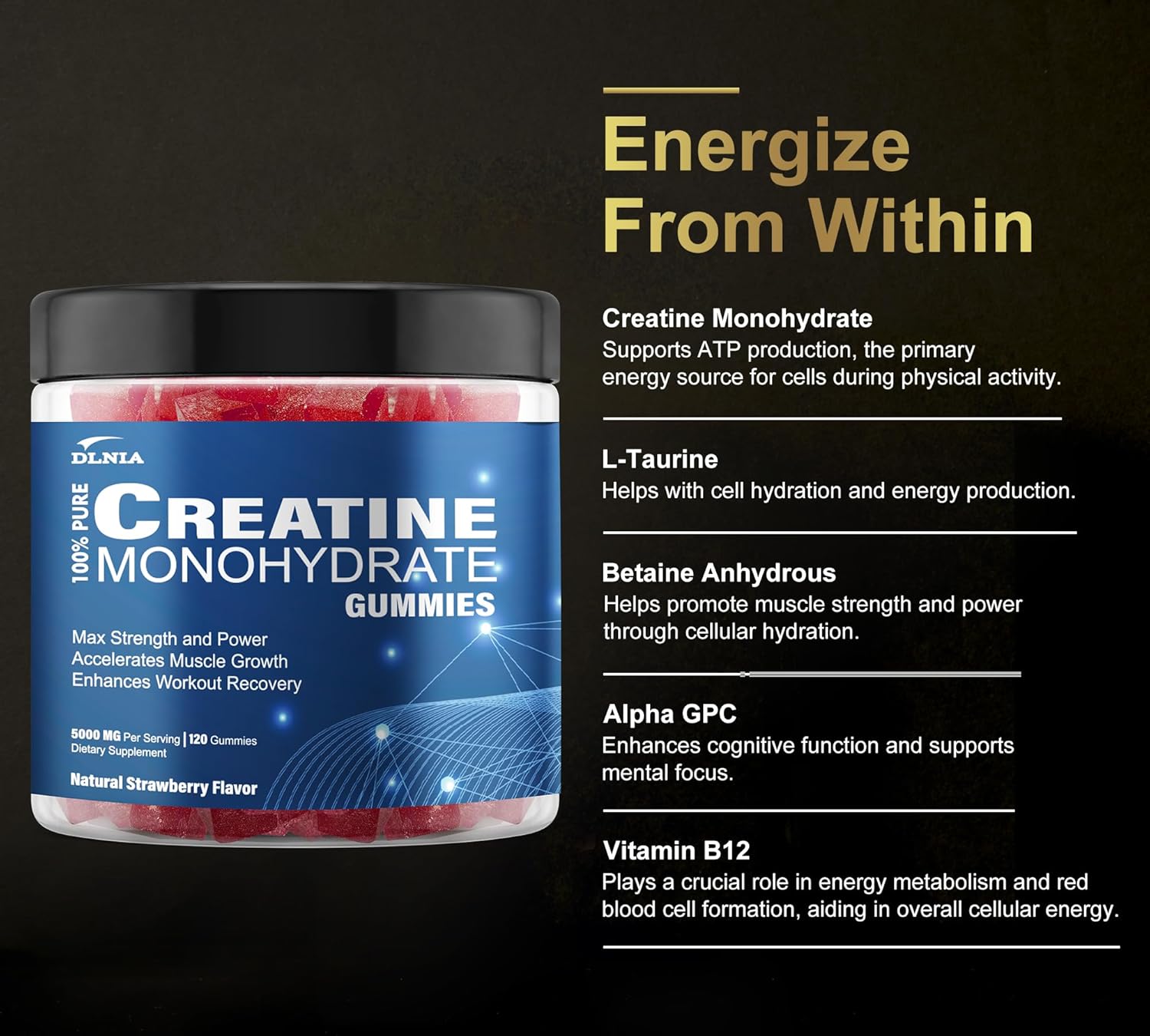 Sugar-Free Vegan DLNIA Creatine Gummies with L-Taurine & Vitamin B12 for Muscle Strength & Recovery - Men & Women's Pre-Workout Supplement