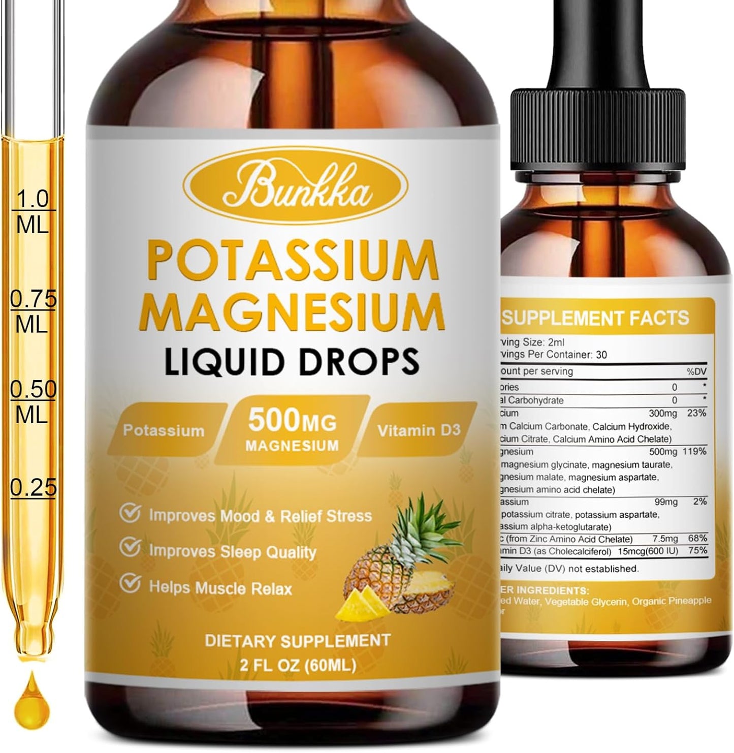 Sugar-Free Vegan Liquid Drops Supplement with Potassium, Magnesium, Calcium, Vitamin D3 & Zinc for Leg Cramps, Energy & Metabolism - Bunkka 99mg Potassium Supplement