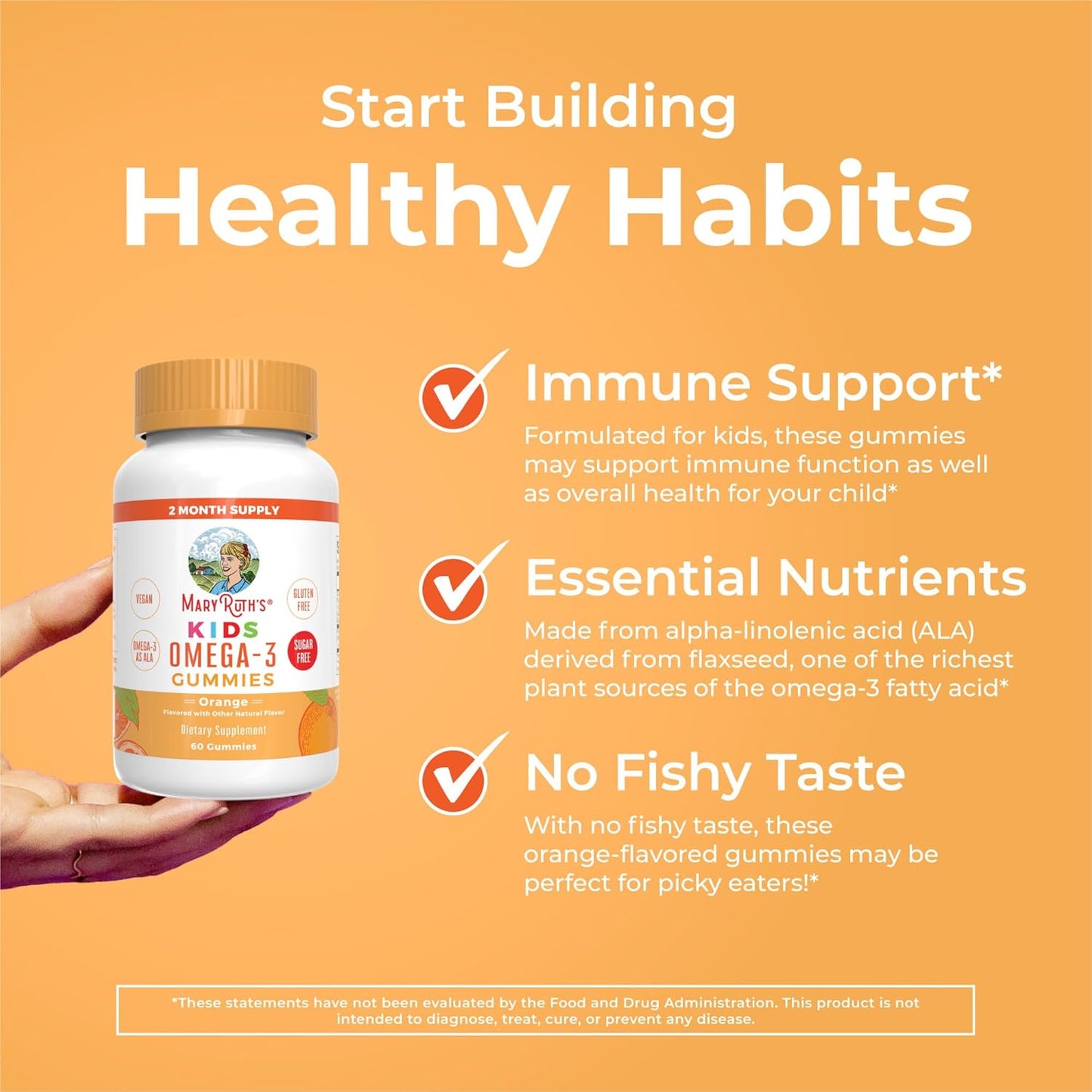 Sugar-Free Vegan Omega 3 Gummies for Kids 2+, 2 Month Supply - Flaxseed Oil, Vitamin C, Immune Support - Essential ALA Nutrient - No Fish Taste - 60 Count