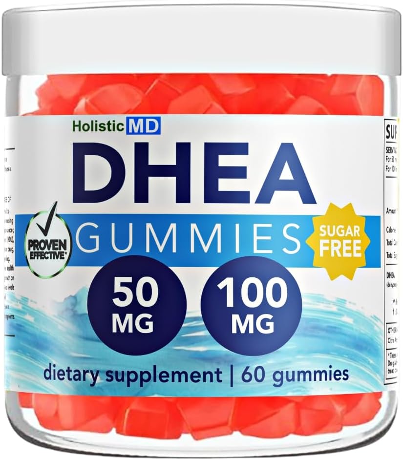 Sugar-Free Vegan Strawberry Gummies DHEA Supplement for Men and Women - Clinically Studied High Absorption, Holistic MD DHEA 100mg and 50mg, 60 Days Supply
