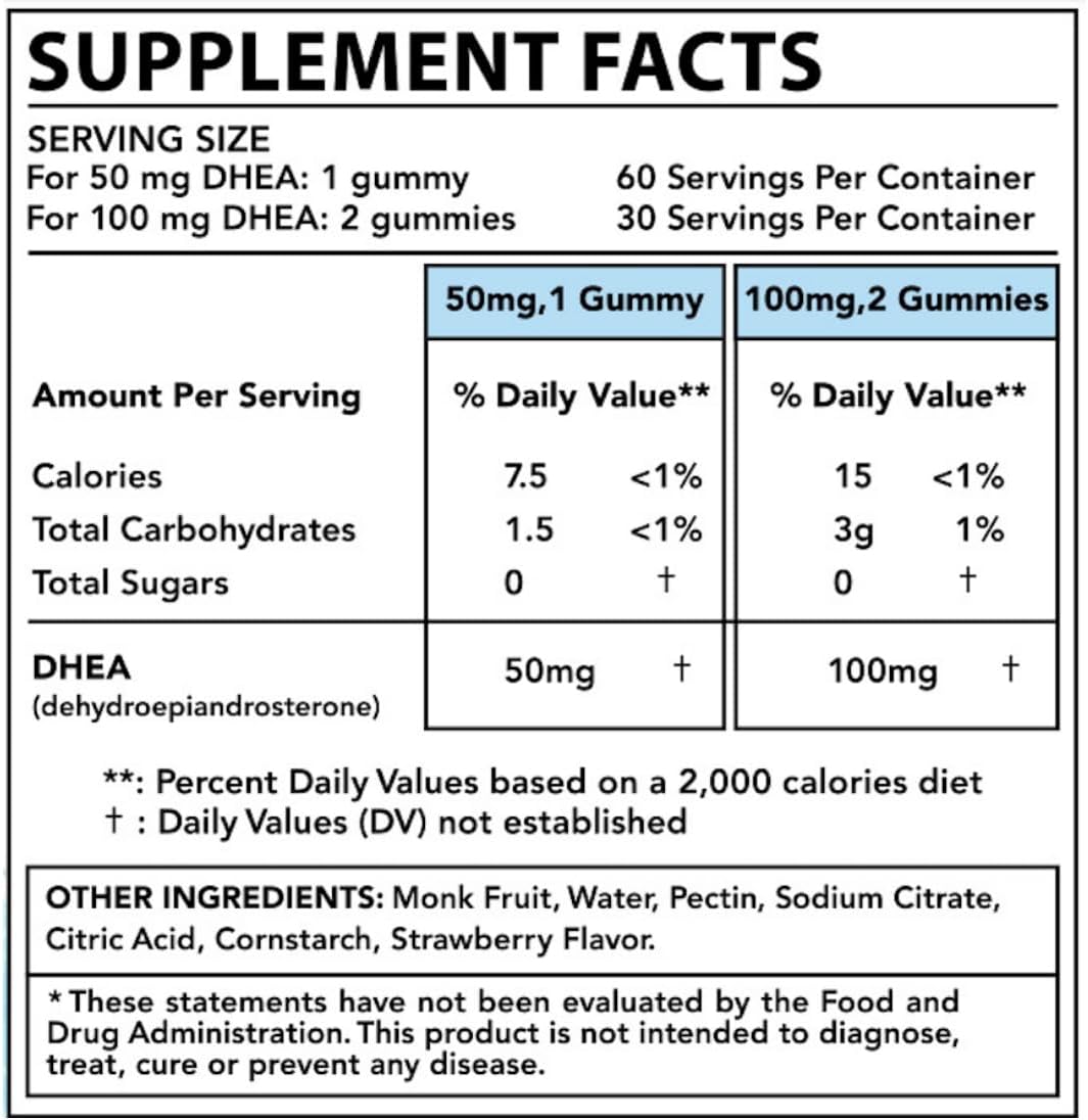 Sugar-Free Vegan Strawberry Gummies DHEA Supplement for Men and Women - Clinically Studied High Absorption, Holistic MD DHEA 100mg and 50mg, 60 Days Supply