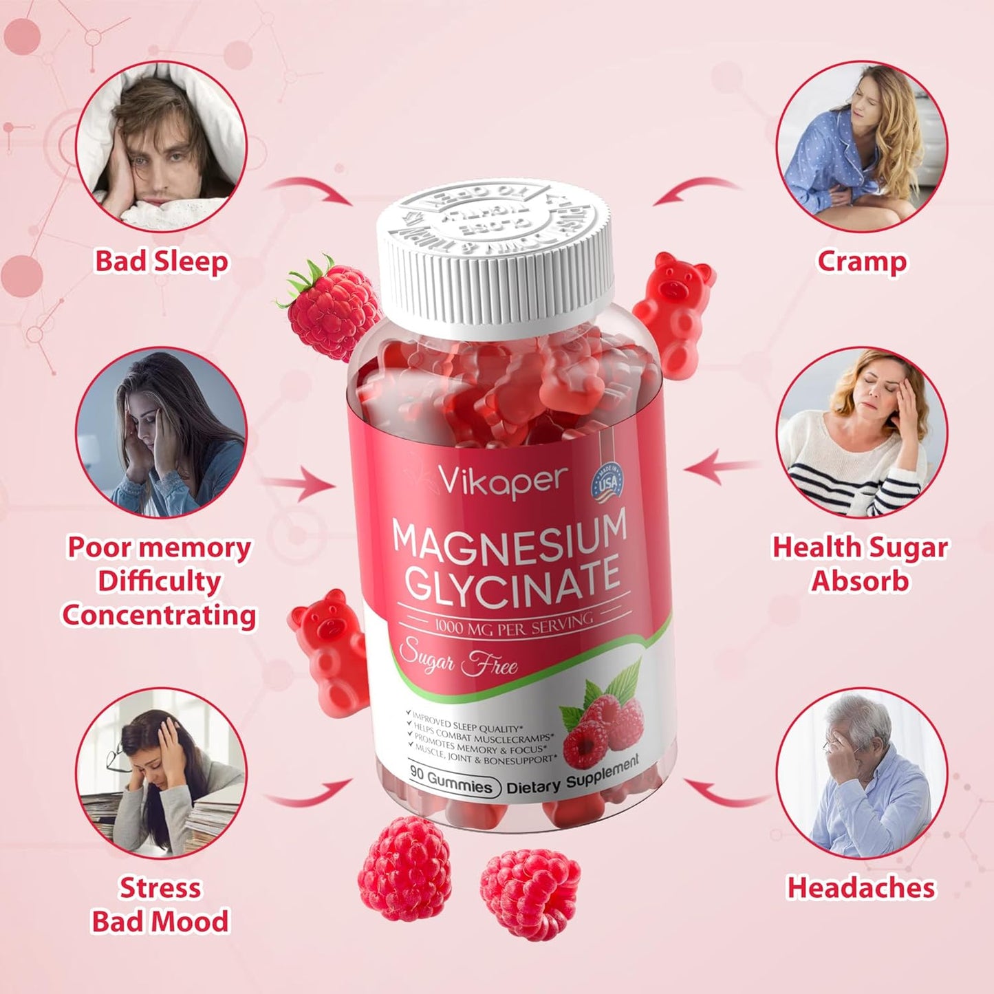 Sugar-Free VIKAPER Magnesium Glycinate Gummies - 1000mg High Absorption Calcium Supplement for Adults - Vegan, Non-GMO, Gelatin-Free - Supports Mood, Sleep, and Energy - 90 Raspberry Gummies