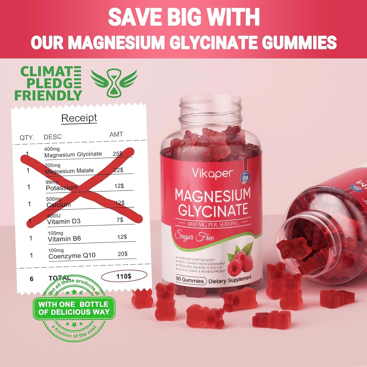 Sugar-Free VIKAPER Magnesium Glycinate Gummies - 1000mg High Absorption Calcium Supplement for Adults - Vegan, Non-GMO, Gelatin-Free - Supports Mood, Sleep, and Energy - 90 Raspberry Gummies