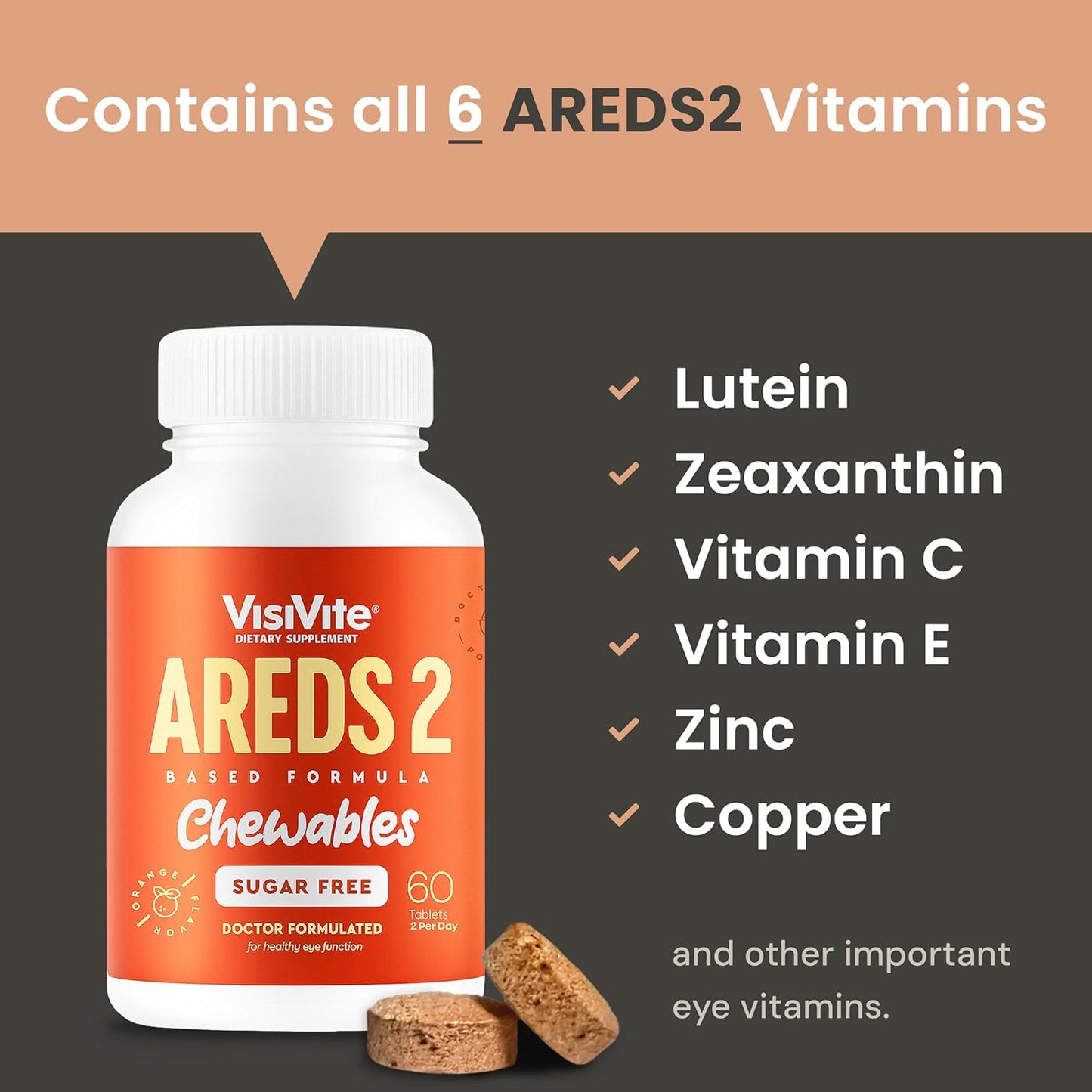 Sugar-Free VisiVite AREDS 2 Eye Vitamins with Lutein - Chewable Tablets for Eye Health - Pack of 3