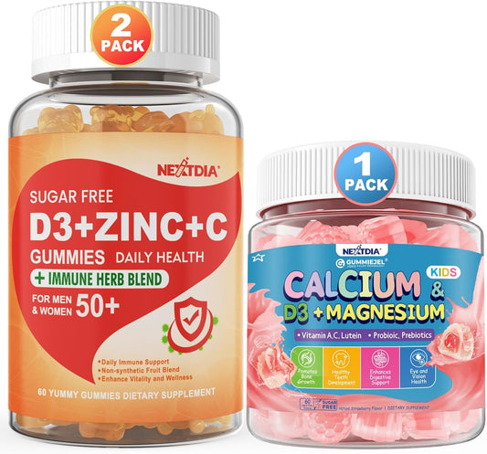Sugar Free Vitamin C + D3 + Zinc Gummies for Adults 50+ and Calcium + D3 + Magnesium Gummies for Kids 4+ by Nextdia