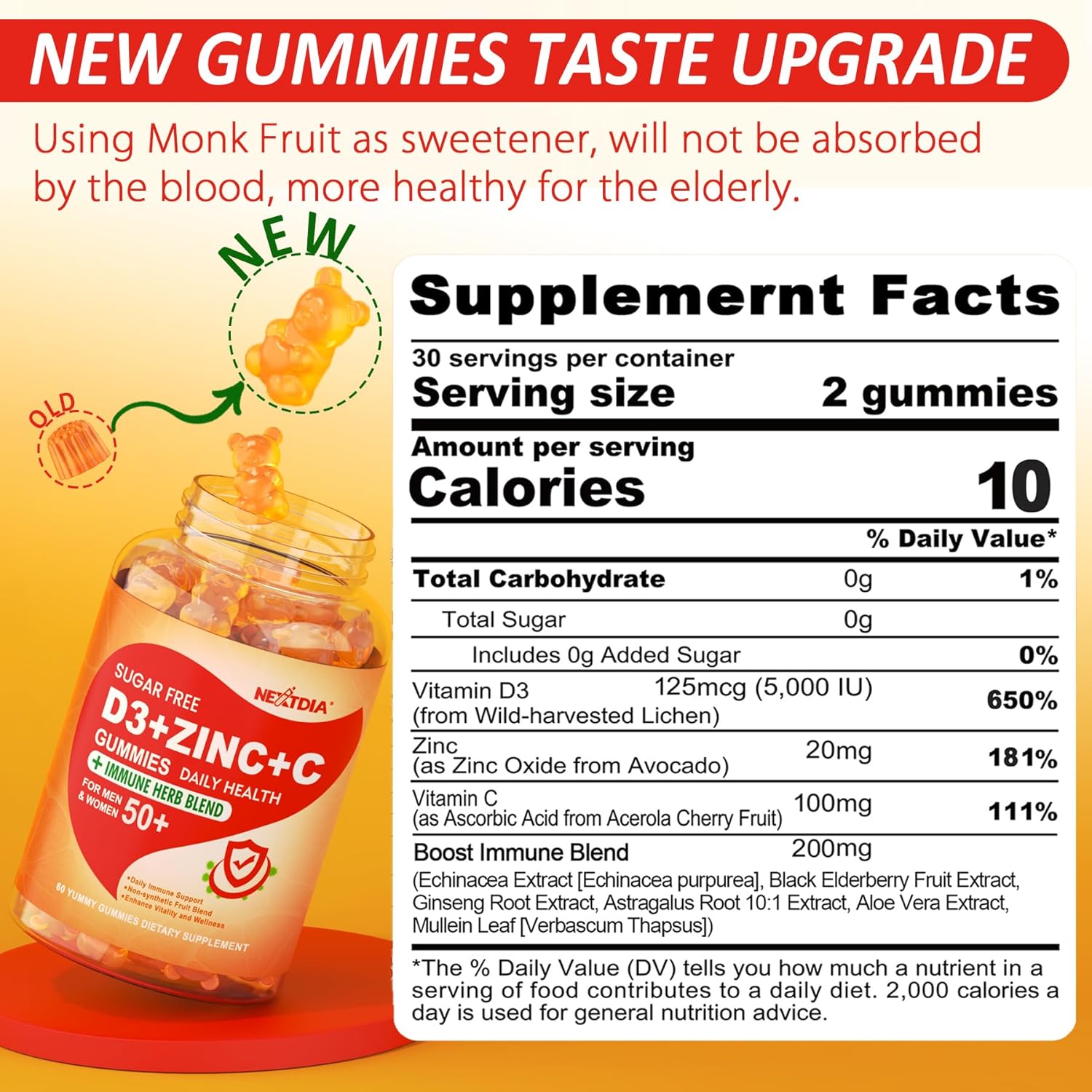 Sugar Free Vitamin C + D3 + Zinc Gummies for Adults 50+ and Calcium + D3 + Magnesium Gummies for Kids 4+ by Nextdia