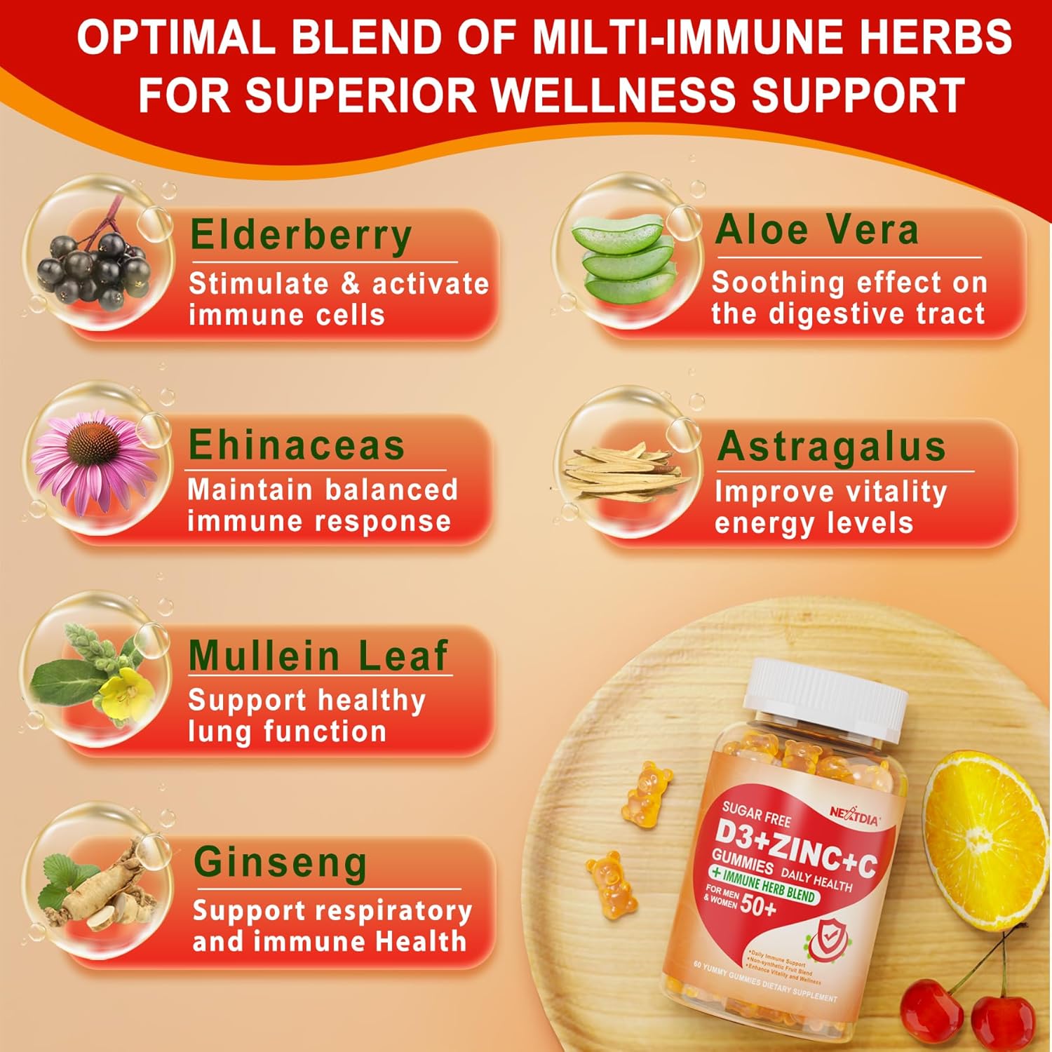 Sugar Free Vitamin C + D3 + Zinc Gummies for Adults 50+ and Calcium + D3 + Magnesium Gummies for Kids 4+ by Nextdia