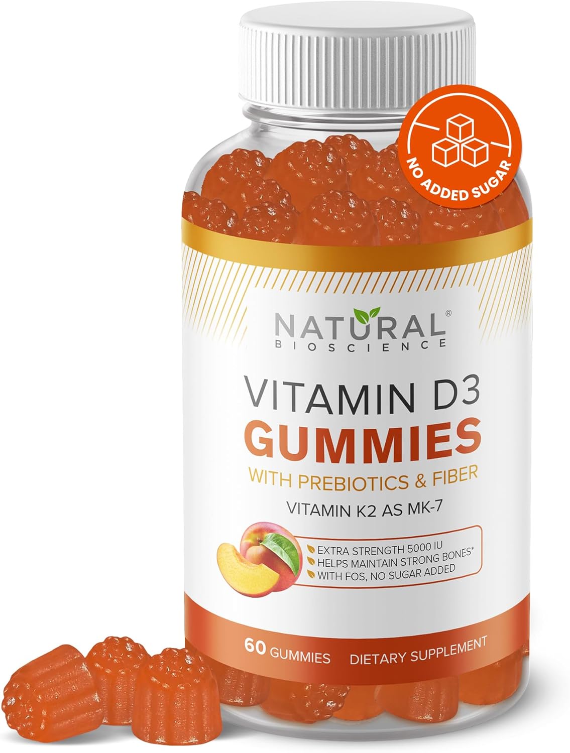 Sugar Free Vitamin D3 K2 Gummies - High Potency Vitamin D3 Gummies with Vitamin K2 MK7 for Bone and Heart Health, Immune Support, and Mood Enhancement, Natural Peach Flavor