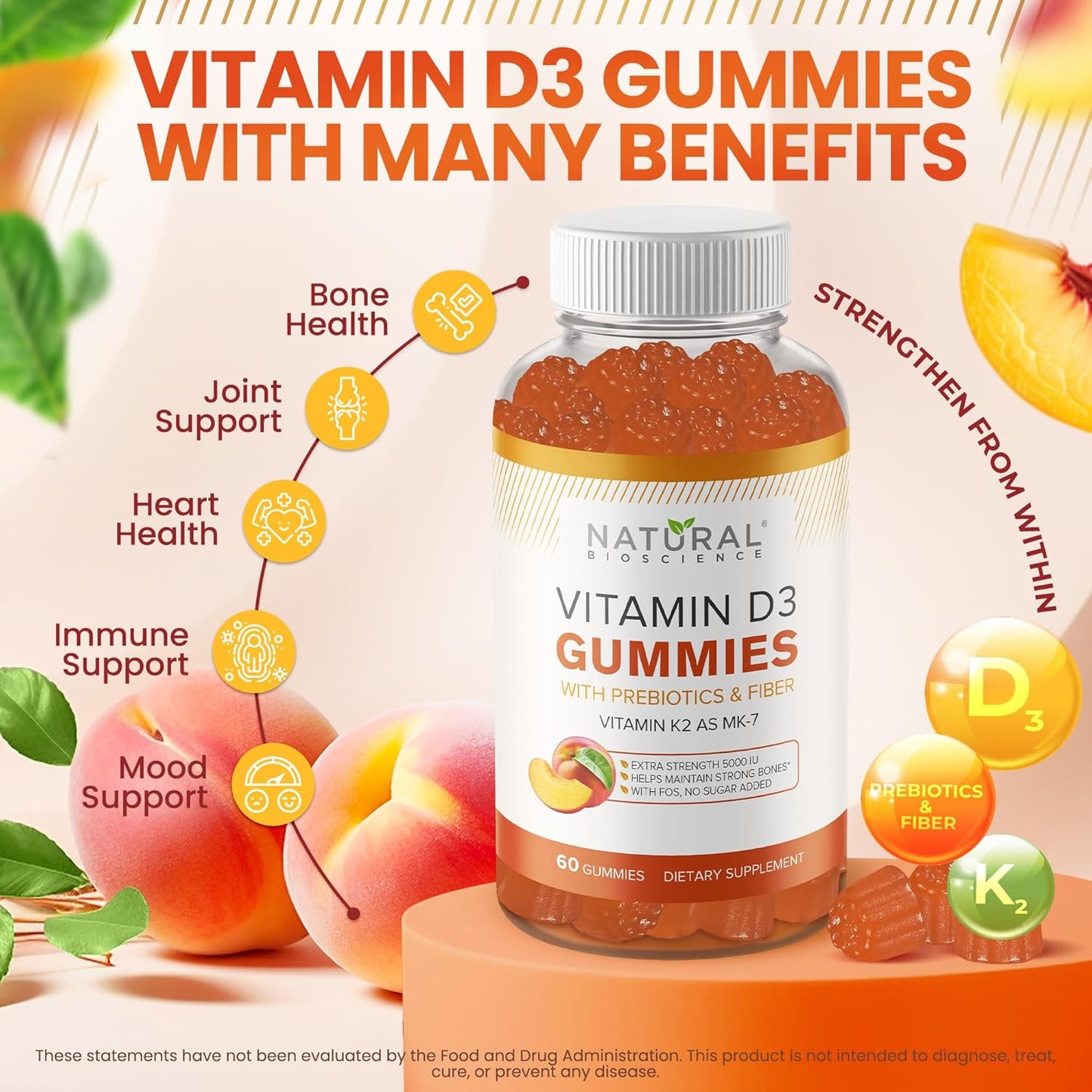 Sugar Free Vitamin D3 K2 Gummies - High Potency Vitamin D3 Gummies with Vitamin K2 MK7 for Bone and Heart Health, Immune Support, and Mood Enhancement, Natural Peach Flavor