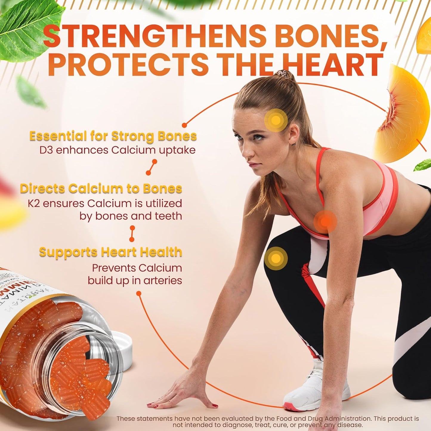 Sugar Free Vitamin D3 K2 Gummies - High Potency Vitamin D3 Gummies with Vitamin K2 MK7 for Bone and Heart Health, Immune Support, and Mood Enhancement, Natural Peach Flavor