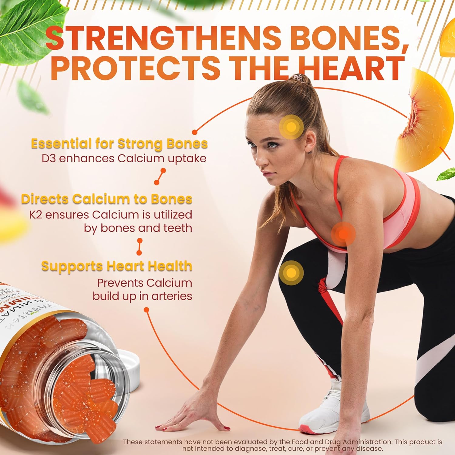 Sugar Free Vitamin D3 K2 Gummies - High Potency Vitamin D3 Gummies with Vitamin K2 MK7 for Bone and Heart Health, Immune Support, and Mood Enhancement, Natural Peach Flavor