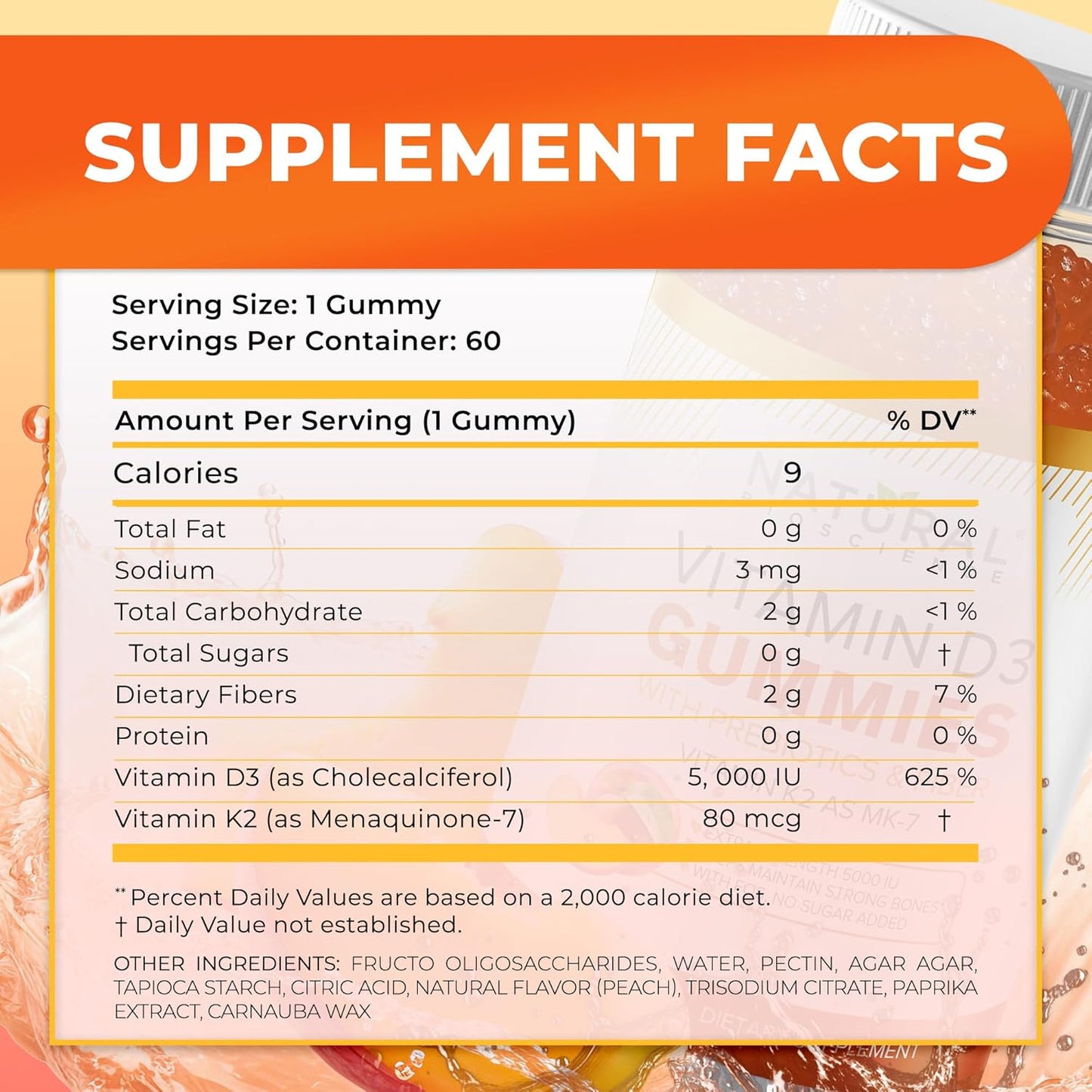 Sugar Free Vitamin D3 K2 Gummies - High Potency Vitamin D3 Gummies with Vitamin K2 MK7 for Bone and Heart Health, Immune Support, and Mood Enhancement, Natural Peach Flavor