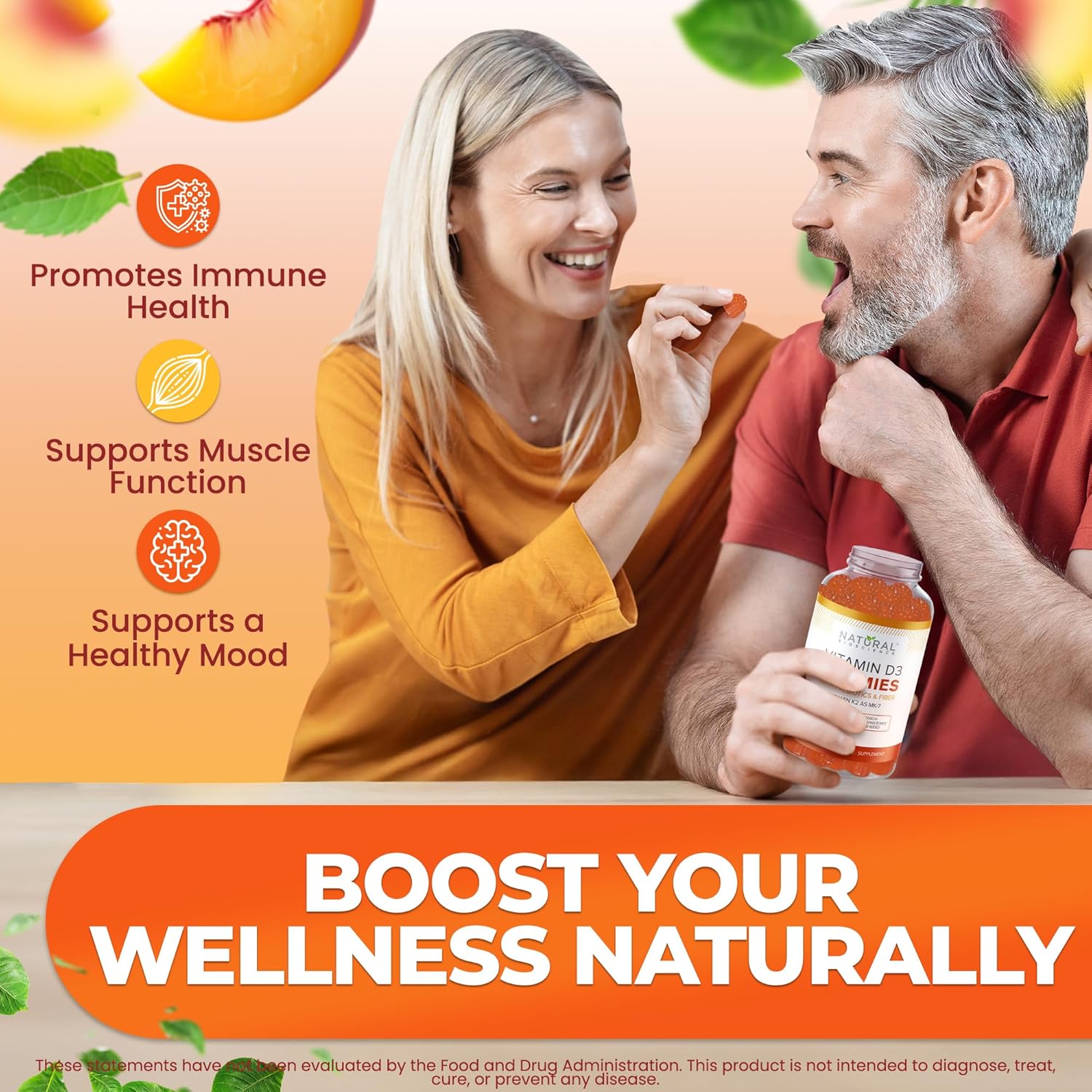 Sugar Free Vitamin D3 K2 Gummies - High Potency Vitamin D3 Gummies with Vitamin K2 MK7 for Bone and Heart Health, Immune Support, and Mood Enhancement, Natural Peach Flavor