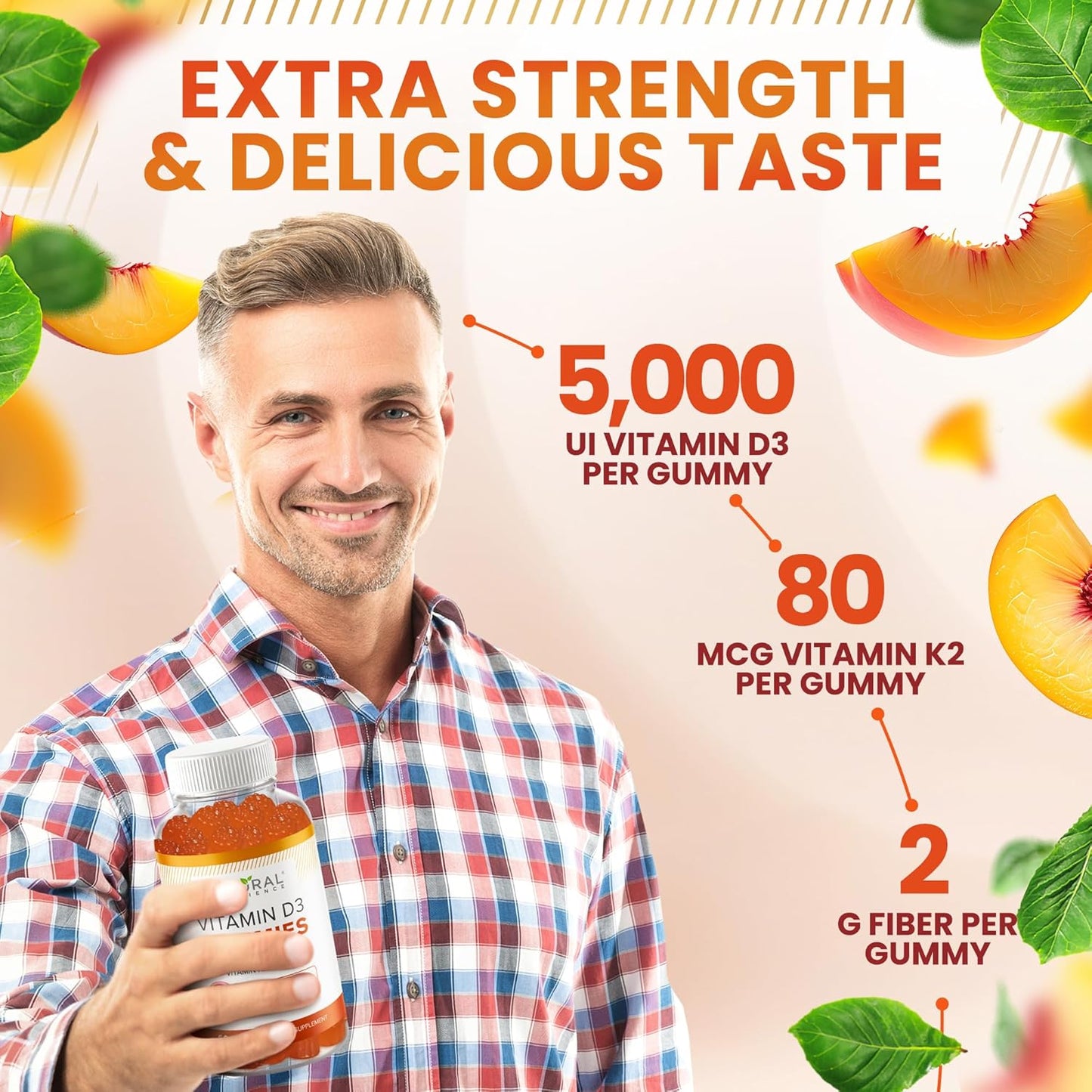 Sugar Free Vitamin D3 K2 Gummies - High Potency Vitamin D3 Gummies with Vitamin K2 MK7 for Bone and Heart Health, Immune Support, and Mood Enhancement, Natural Peach Flavor