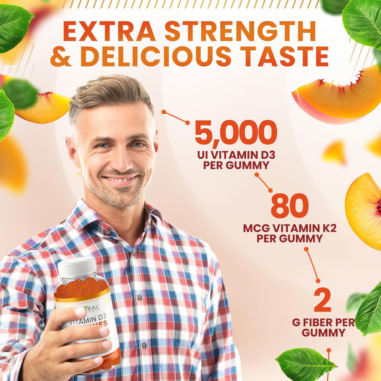 Sugar Free Vitamin D3 K2 Gummies - High Potency Vitamin D3 Gummies with Vitamin K2 MK7 for Bone and Heart Health, Immune Support, and Mood Enhancement, Natural Peach Flavor