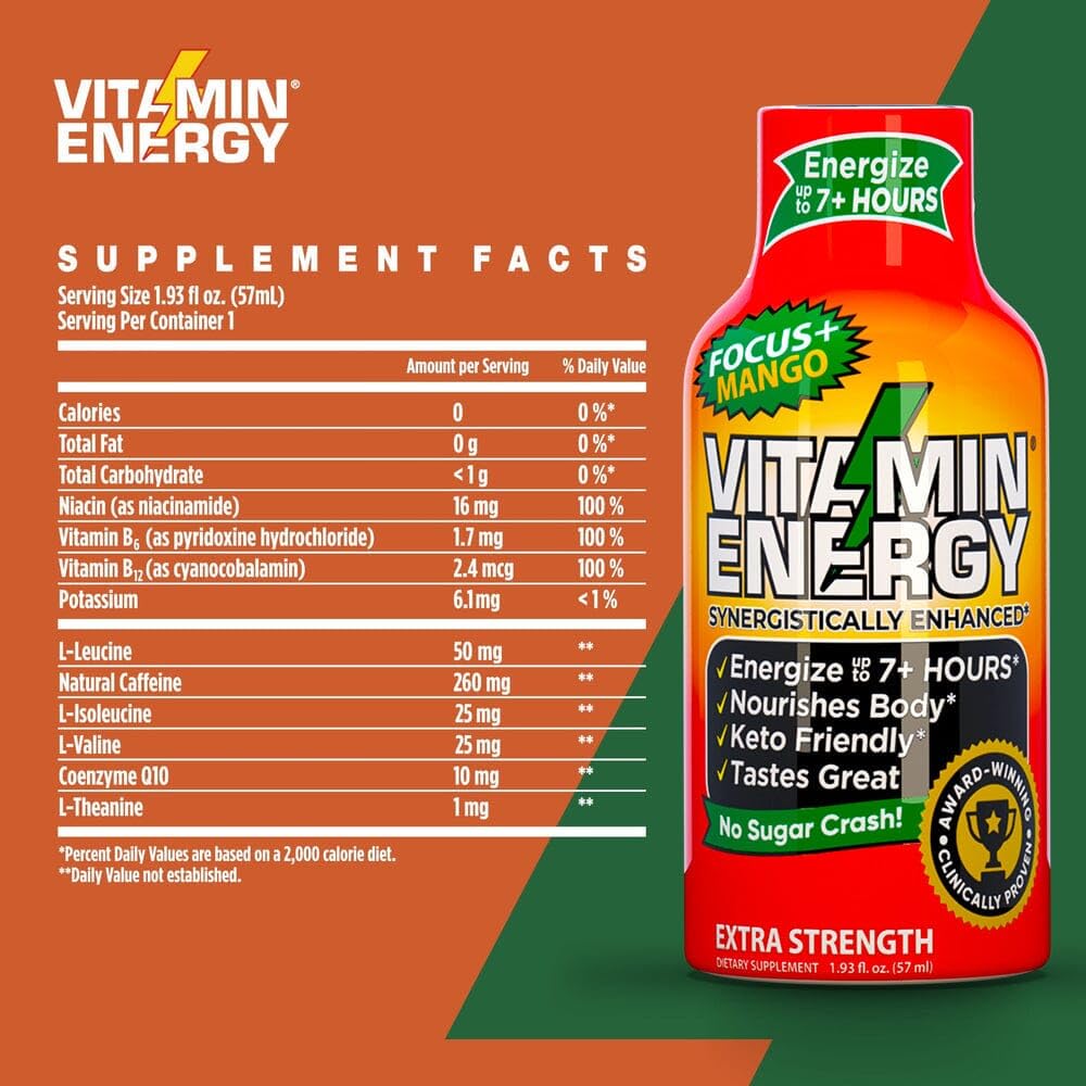 Sugar-Free Vitamin Energy Shots for Focus & Energy Boost | Natural Supplement with B6, B12, L-Theanine, CoQ10 | Lasts up to 7 Hours | Mango Flavor | 48 Count