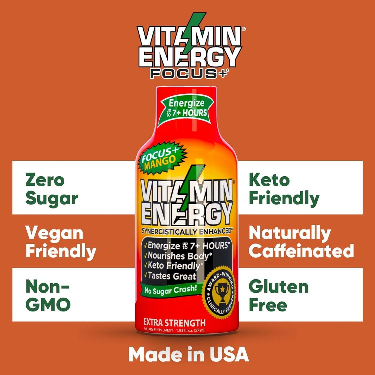 Sugar-Free Vitamin Energy Shots for Focus & Energy Boost | Natural Supplement with B6, B12, L-Theanine, CoQ10 | Lasts up to 7 Hours | Mango Flavor | 48 Count