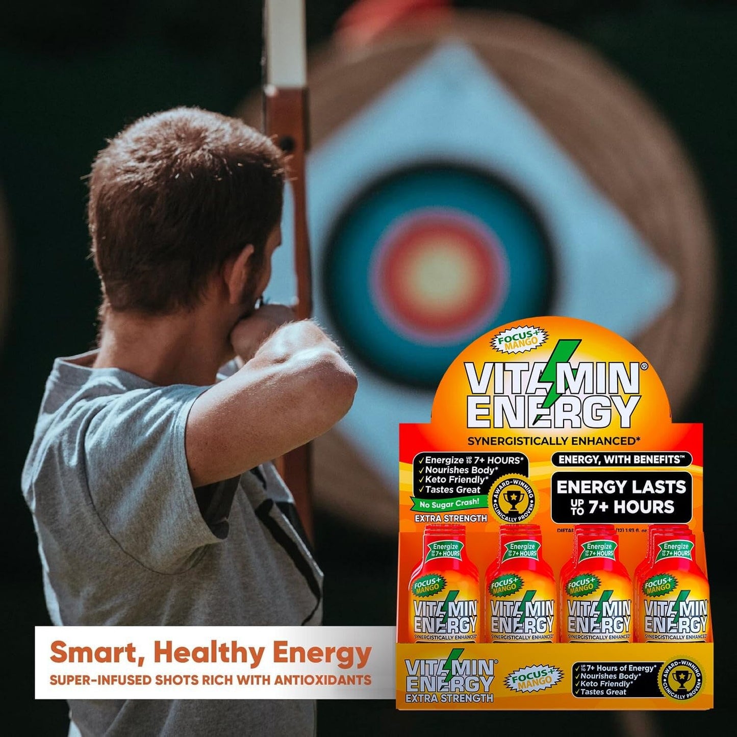 Sugar-Free Vitamin Energy Shots for Focus & Energy Boost | Natural Supplement with B6, B12, L-Theanine, CoQ10 | Lasts up to 7 Hours | Mango Flavor | 48 Count