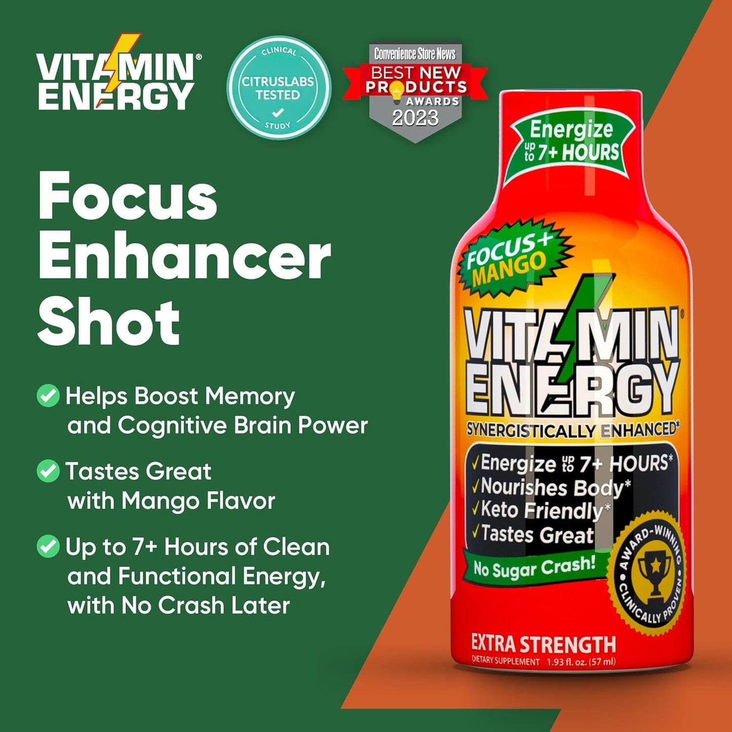 Sugar-Free Vitamin Energy Shots for Focus & Energy Boost | Natural Supplement with B6, B12, L-Theanine, CoQ10 | Lasts up to 7 Hours | Mango Flavor | 48 Count