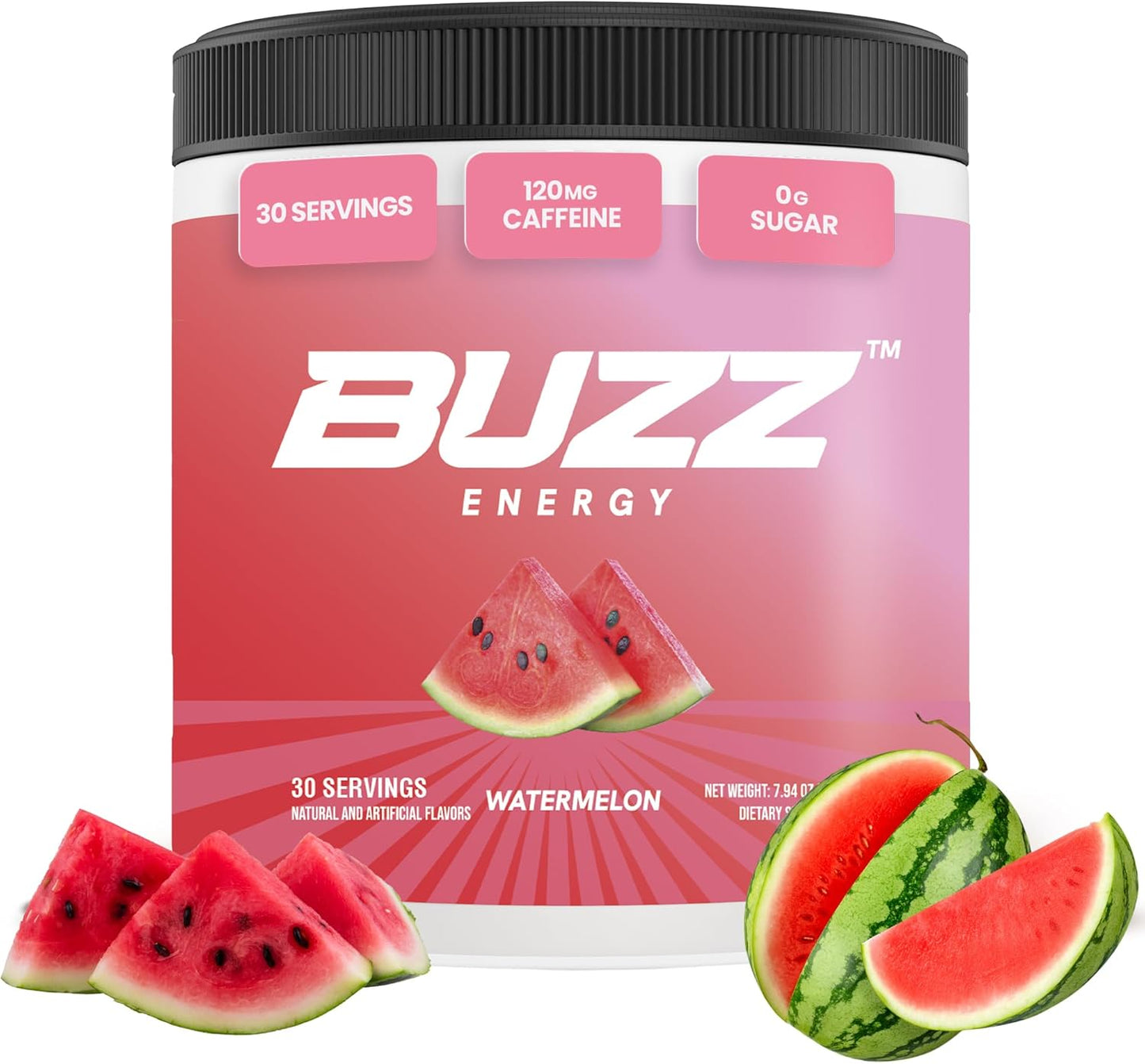 Sugar-Free Watermelon Morning Buzz Energy Drink Powder with Antioxidants - 30 Servings, 8 Ounces - Energy Boost and Sports Nutrition Supplement