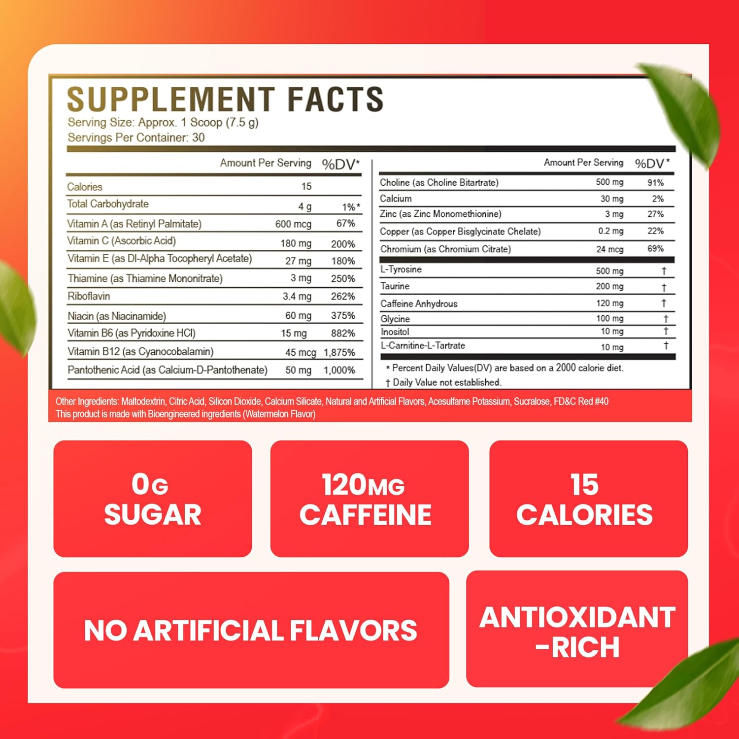 Sugar-Free Watermelon Morning Buzz Energy Drink Powder with Antioxidants - 30 Servings, 8 Ounces - Energy Boost and Sports Nutrition Supplement