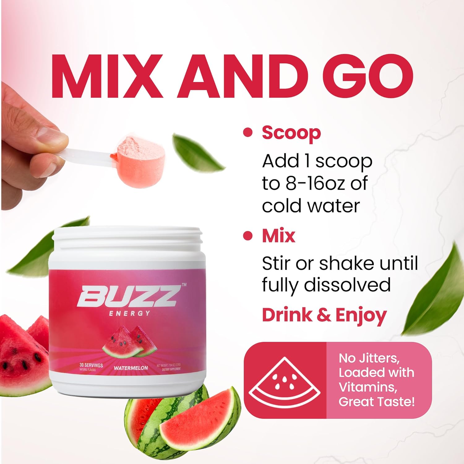 Sugar-Free Watermelon Morning Buzz Energy Drink Powder with Antioxidants - 30 Servings, 8 Ounces - Energy Boost and Sports Nutrition Supplement