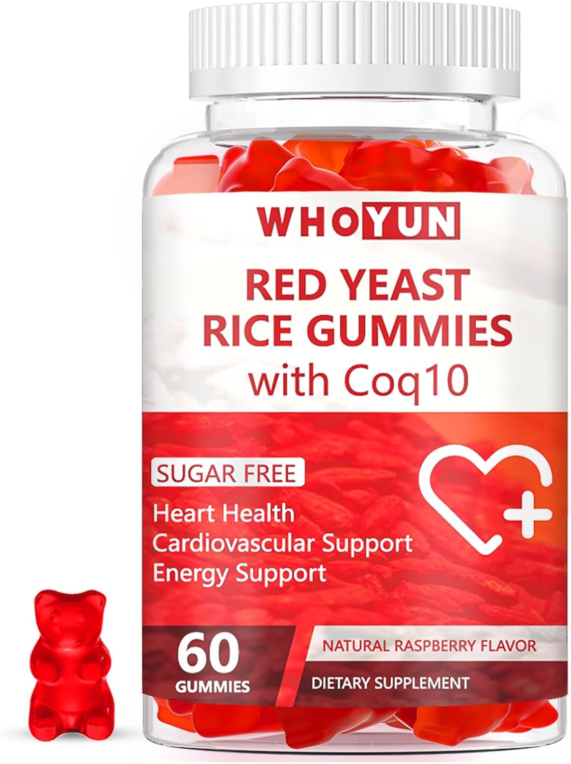 Sugar-Free Whoyun Red Yeast Rice Coq10 Gummies - Heart & Cholesterol Support, 60 Chewables