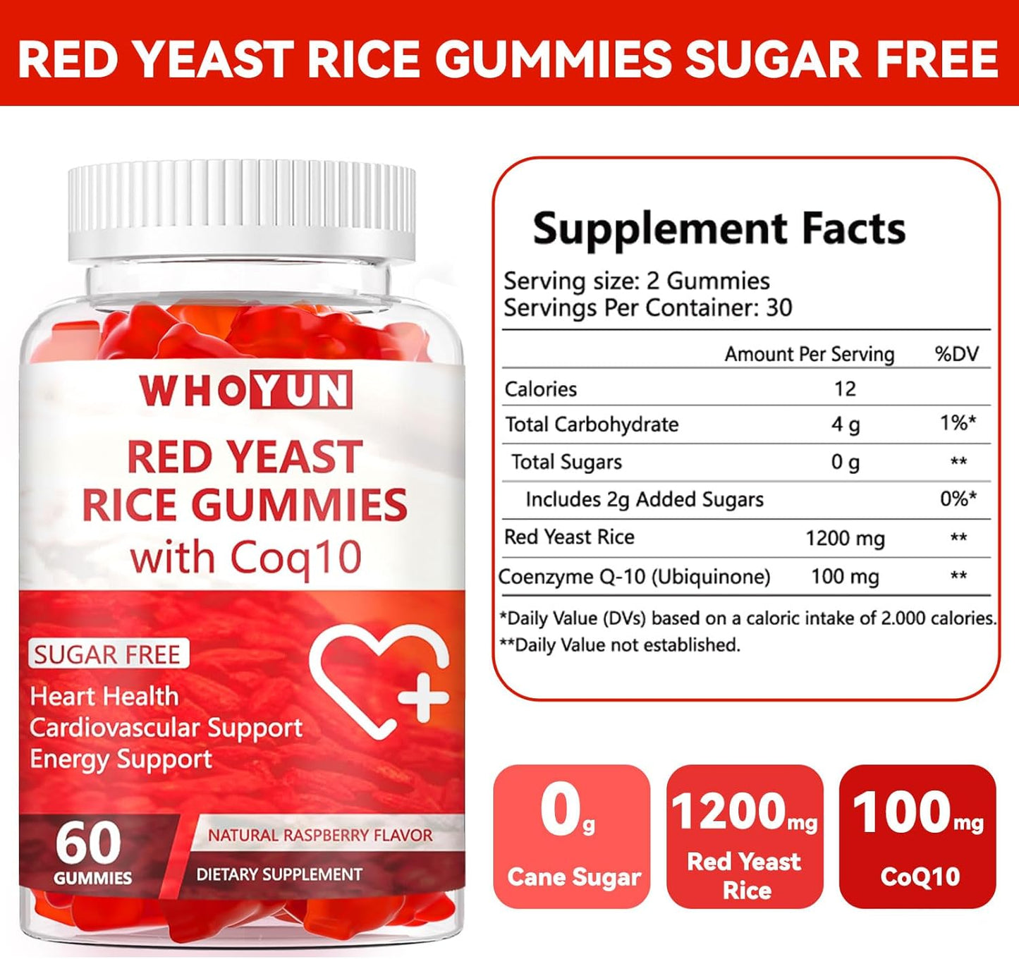 Sugar-Free Whoyun Red Yeast Rice Coq10 Gummies - Heart & Cholesterol Support, 60 Chewables