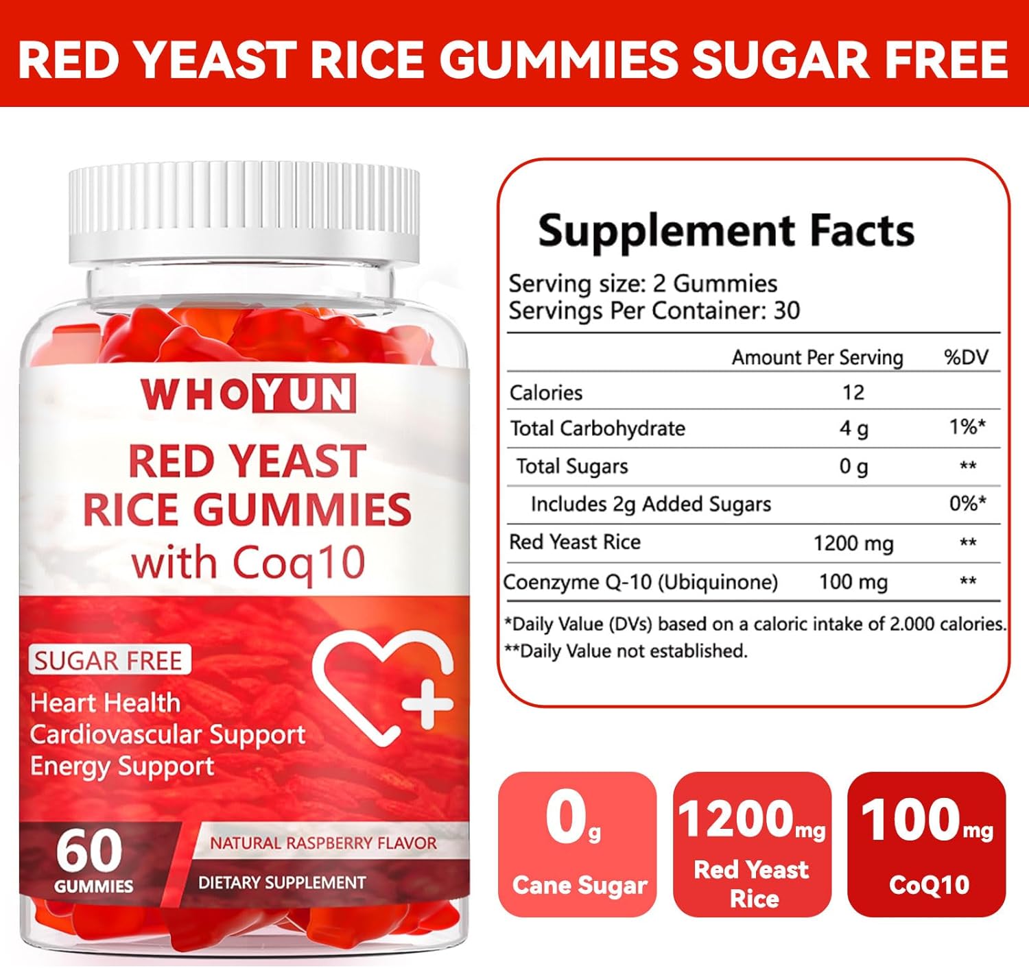 Sugar-Free Whoyun Red Yeast Rice Coq10 Gummies - Heart & Cholesterol Support, 60 Chewables