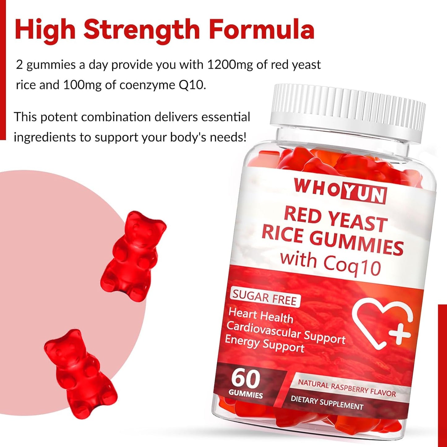 Sugar-Free Whoyun Red Yeast Rice Coq10 Gummies - Heart & Cholesterol Support, 60 Chewables