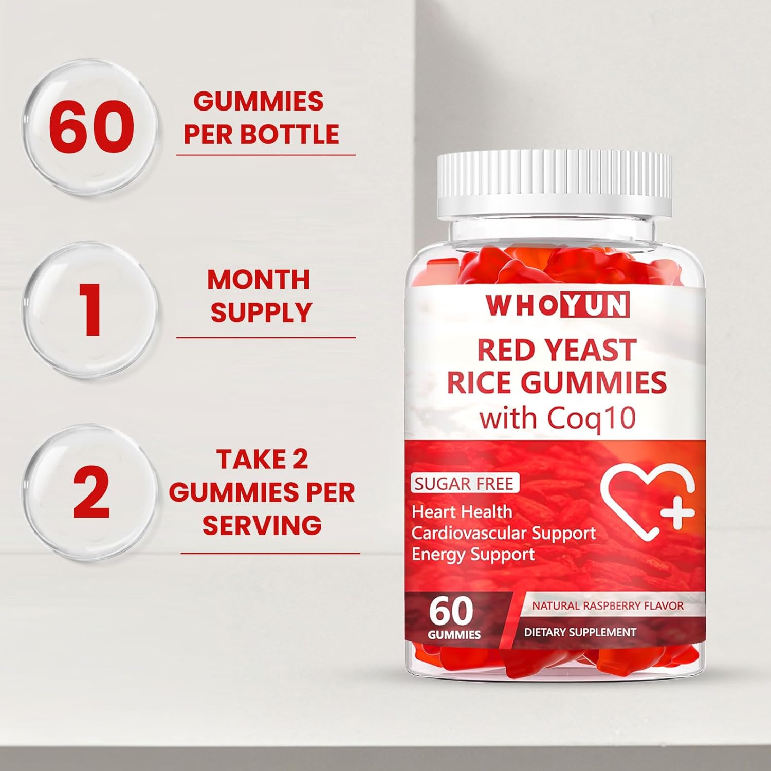 Sugar-Free Whoyun Red Yeast Rice Coq10 Gummies - Heart & Cholesterol Support, 60 Chewables