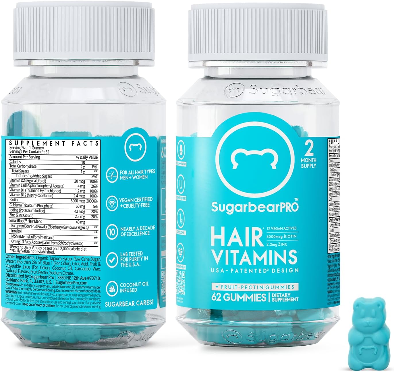 SugarbearPro Hair Vitamin Gummy: 4 Month Supply with Extra Strength Biotin 6000mcg for Growth in Men & Women - Vegan, Certified Kosher, Halal, Cruelty-Free