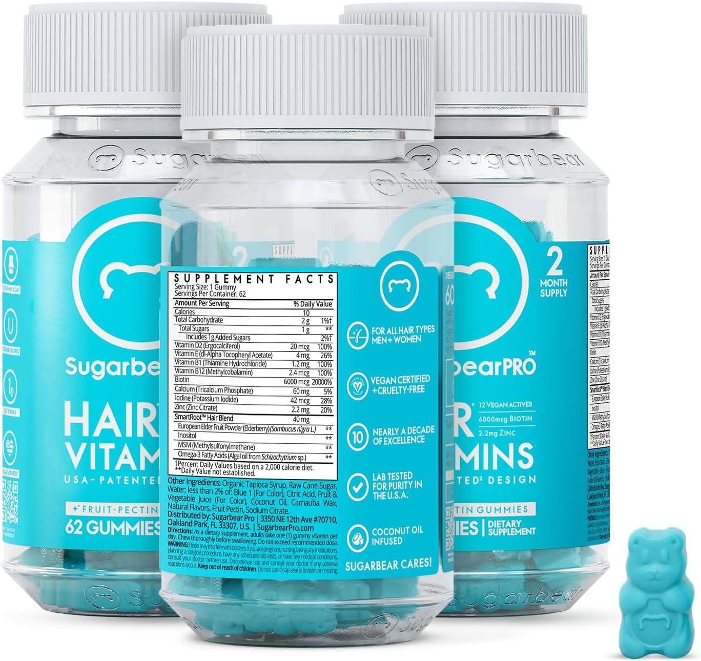 SugarbearPro Hair Vitamin Gummy 6 Month Supply - Extra Strength Biotin 6000mcg - Growth for Men & Women - Vegan B12, MSM, Inositol, Omega 3 - Elderberry - Certified Kosher, Halal, Cruelty-Free
