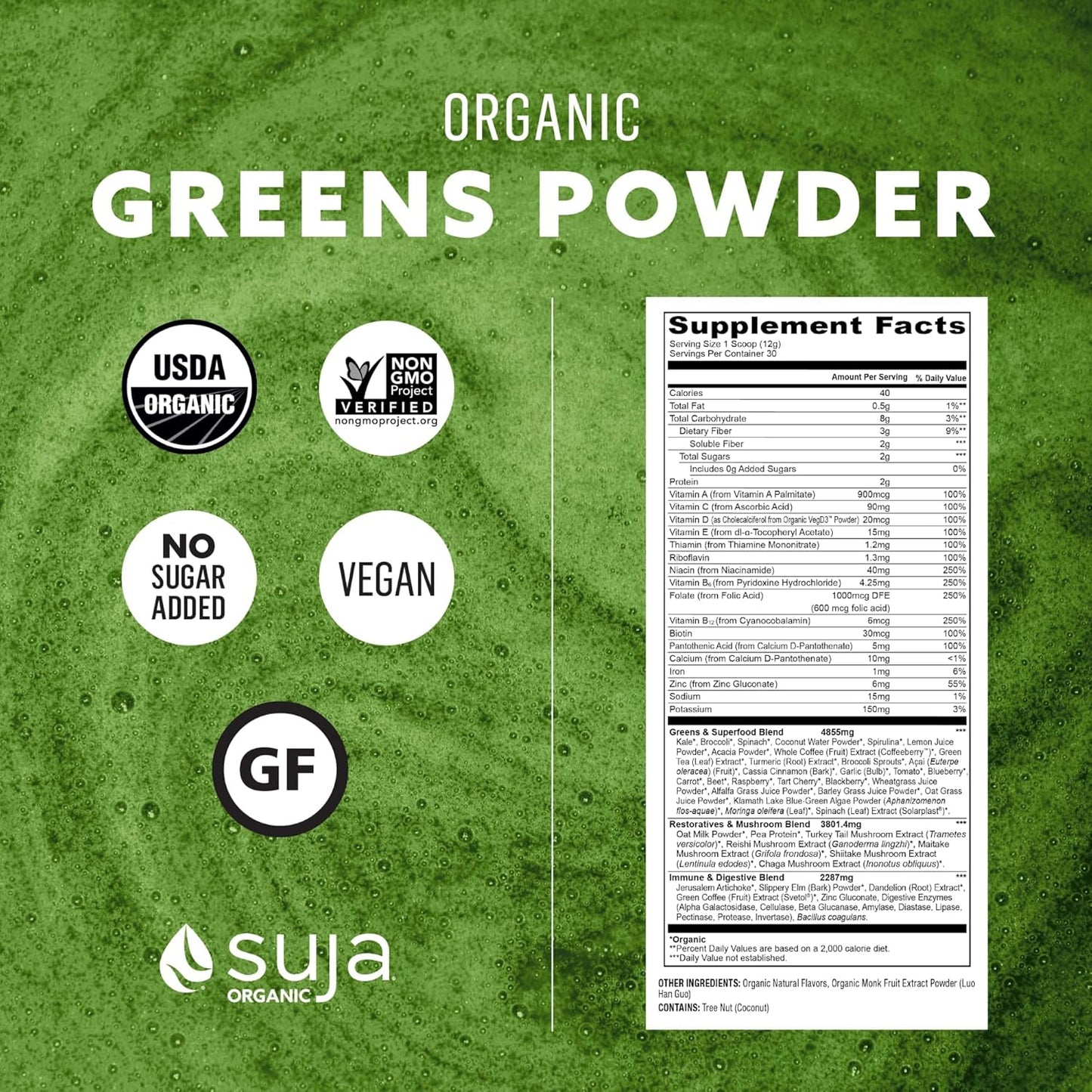 Suja Organic Greens Powder with Probiotic Blend and Spirulina for Immune Support, Digestion, and Energy - Vegan, Gluten Free, Non GMO - 10 Servings
