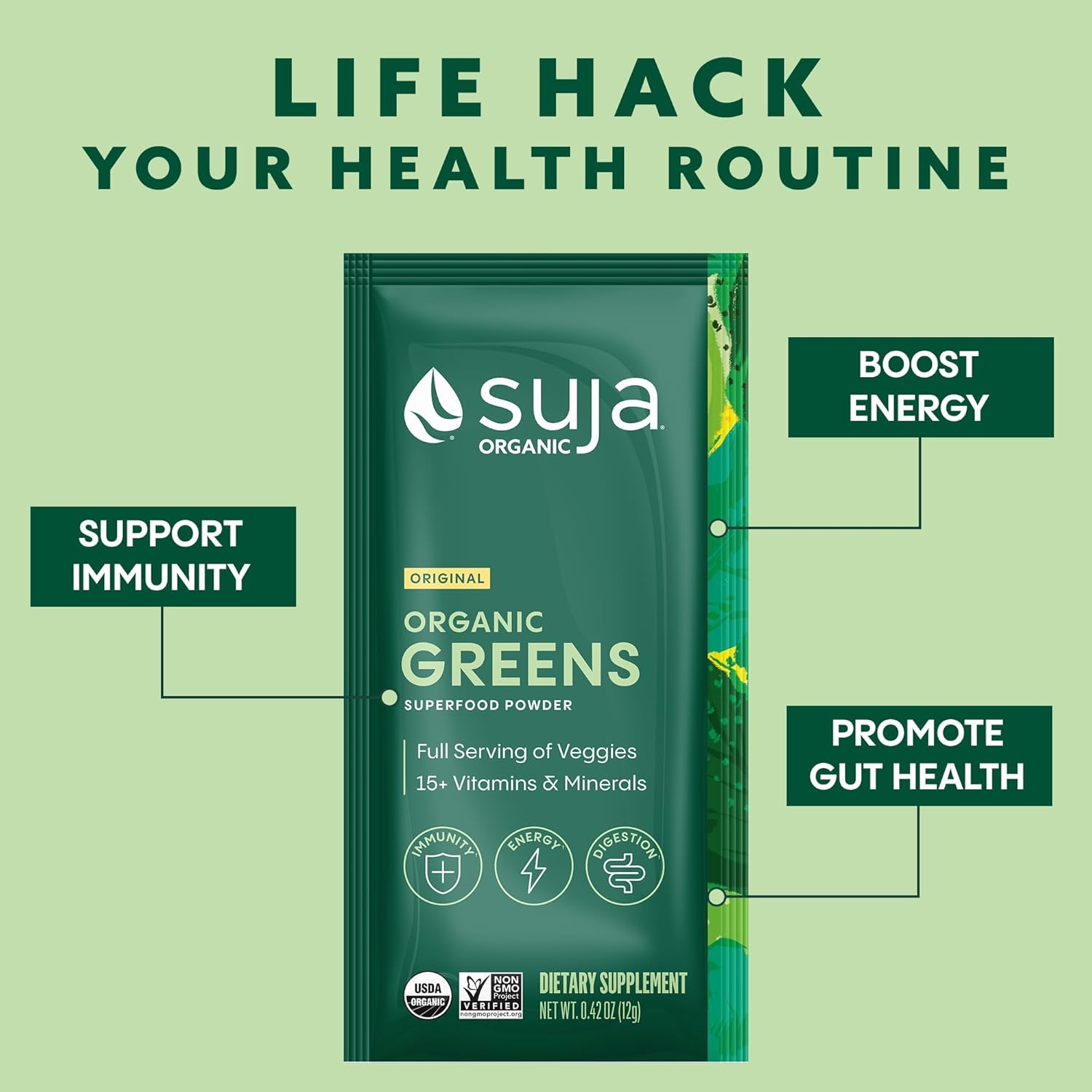 Suja Organic Greens Powder with Probiotic Blend and Spirulina for Immune Support, Digestion, and Energy - Vegan, Gluten Free, Non GMO - 10 Servings