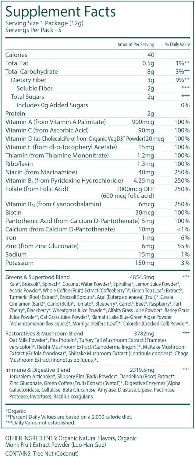 Suja Organic Greens Powder with Probiotic Blend and Spirulina for Immune Support, Digestion, and Energy - Vegan, Gluten Free, Non GMO - 10 Servings