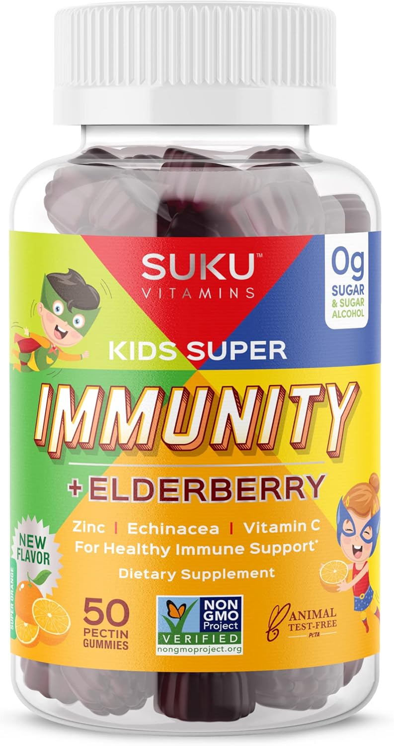 SUKU Kids Super Immunity Gummies - Elderberry, Echinacea, Vitamin A, Zinc - Easy to Chew - Non GMO, Gluten & Sugar Free - Pomegranate Lime, 50 Count