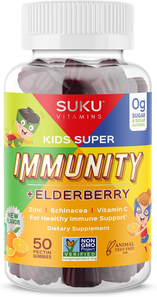 SUKU Kids Super Immunity Gummies - Elderberry, Echinacea, Vitamin A, Zinc - Easy to Chew - Non GMO, Gluten & Sugar Free - Pomegranate Lime, 50 Count