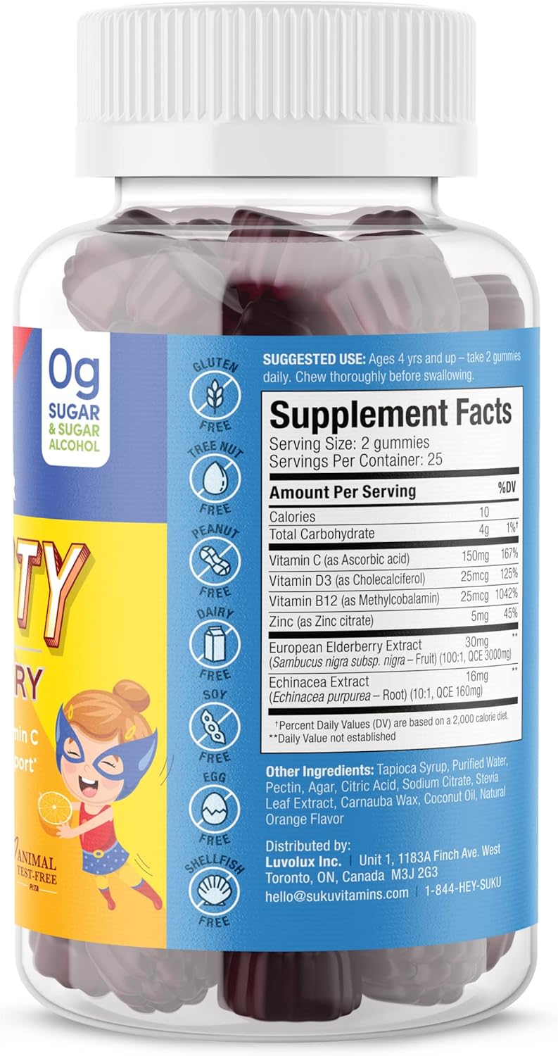 SUKU Kids Super Immunity Gummies - Elderberry, Echinacea, Vitamin A, Zinc - Easy to Chew - Non GMO, Gluten & Sugar Free - Pomegranate Lime, 50 Count