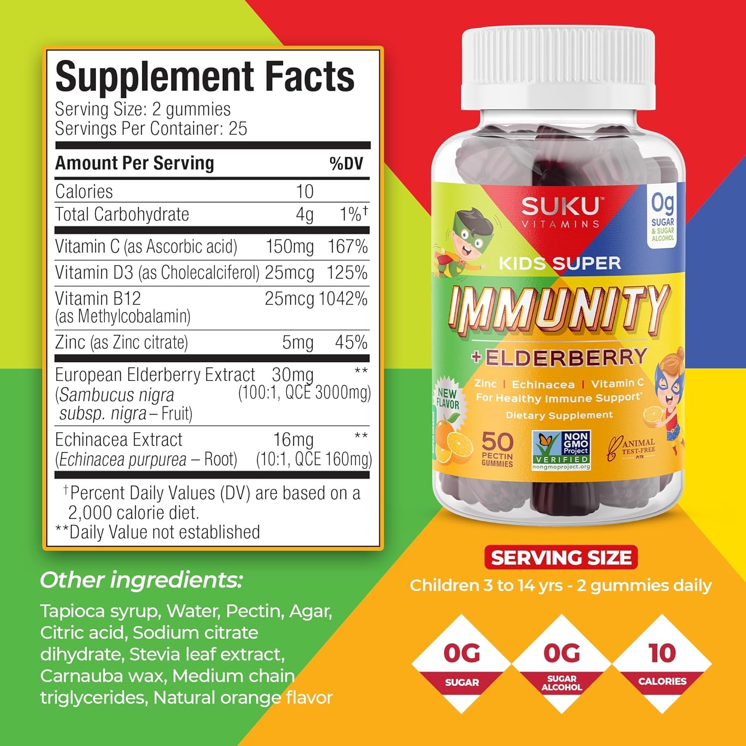 SUKU Kids Super Immunity Gummies - Elderberry, Echinacea, Vitamin A, Zinc - Easy to Chew - Non GMO, Gluten & Sugar Free - Pomegranate Lime, 50 Count