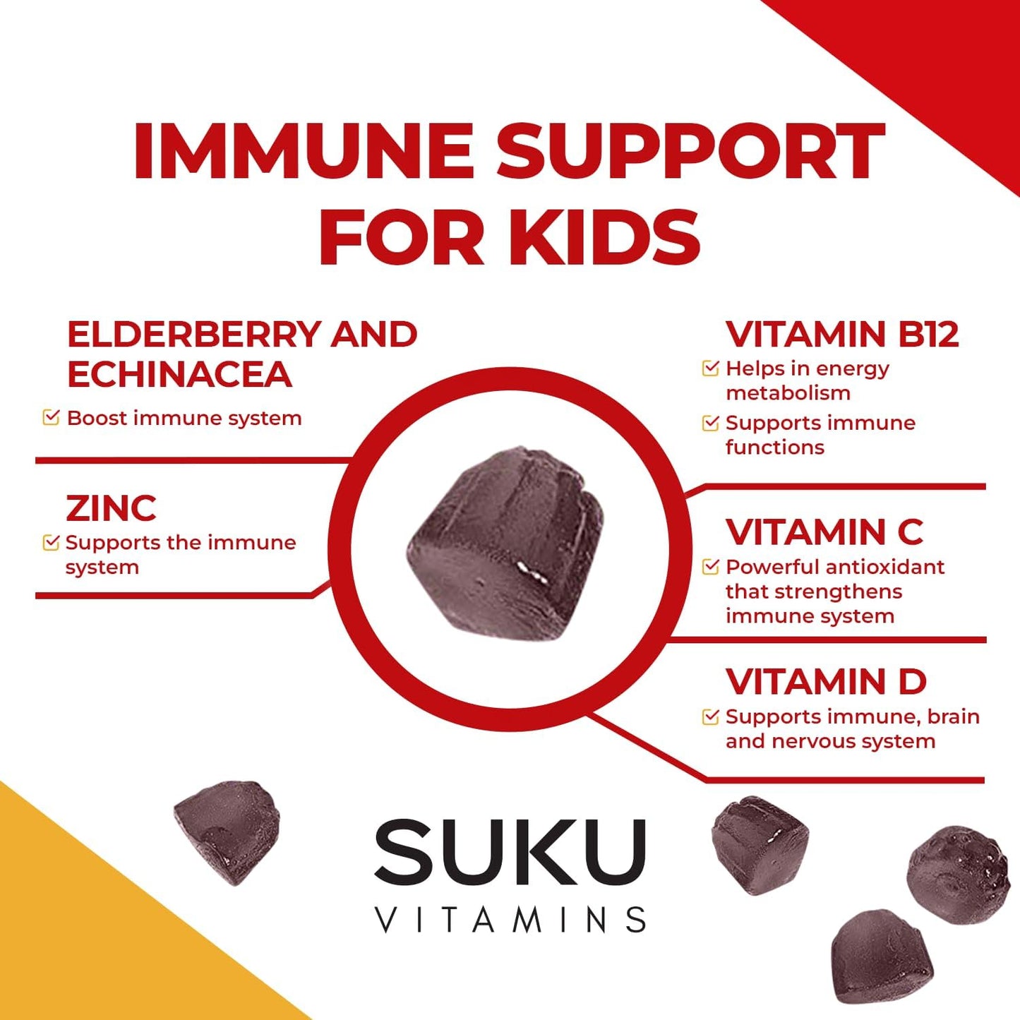SUKU Kids Super Immunity Gummies - Elderberry, Echinacea, Vitamin A, Zinc - Easy to Chew - Non GMO, Gluten & Sugar Free - Pomegranate Lime, 50 Count