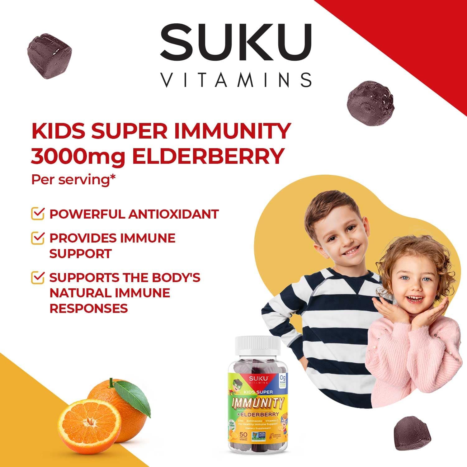 SUKU Kids Super Immunity Gummies - Elderberry, Echinacea, Vitamin A, Zinc - Easy to Chew - Non GMO, Gluten & Sugar Free - Pomegranate Lime, 50 Count