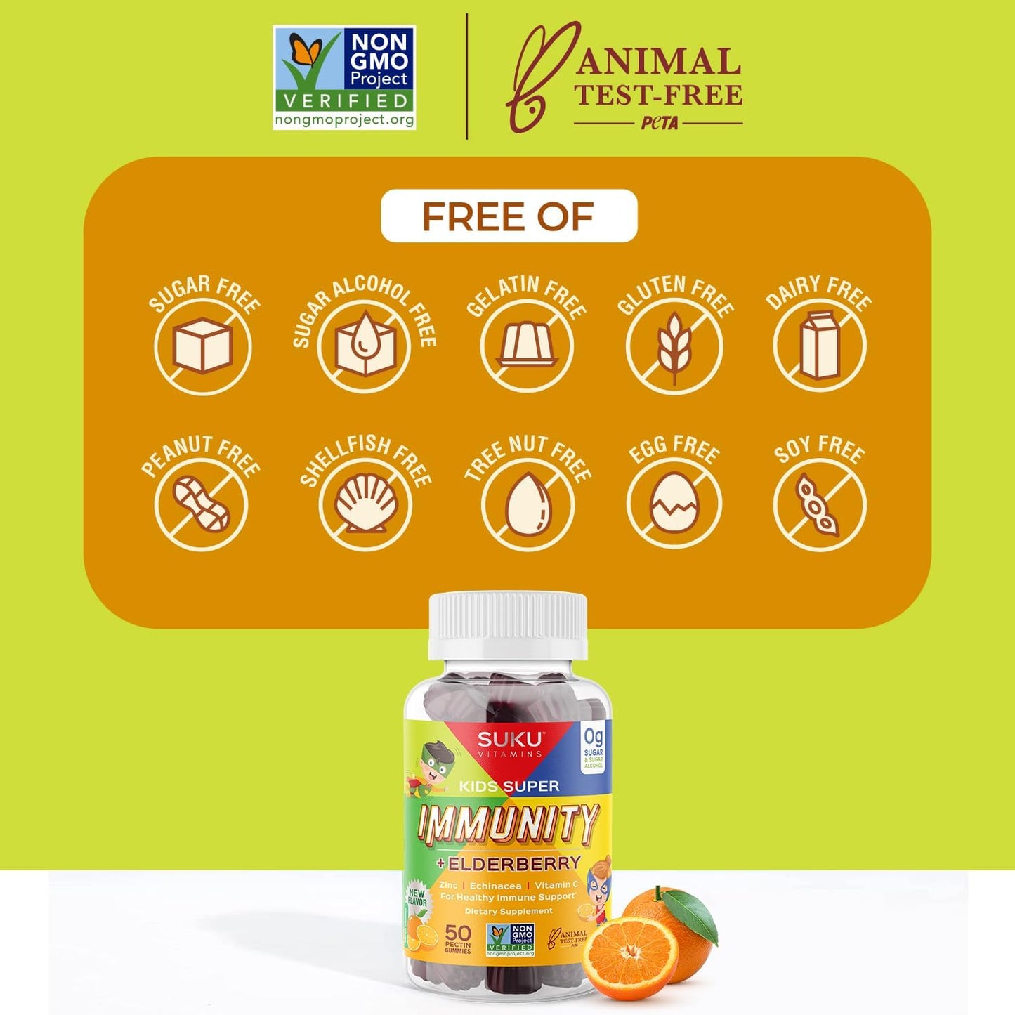 SUKU Kids Super Immunity Gummies - Elderberry, Echinacea, Vitamin A, Zinc - Easy to Chew - Non GMO, Gluten & Sugar Free - Pomegranate Lime, 50 Count