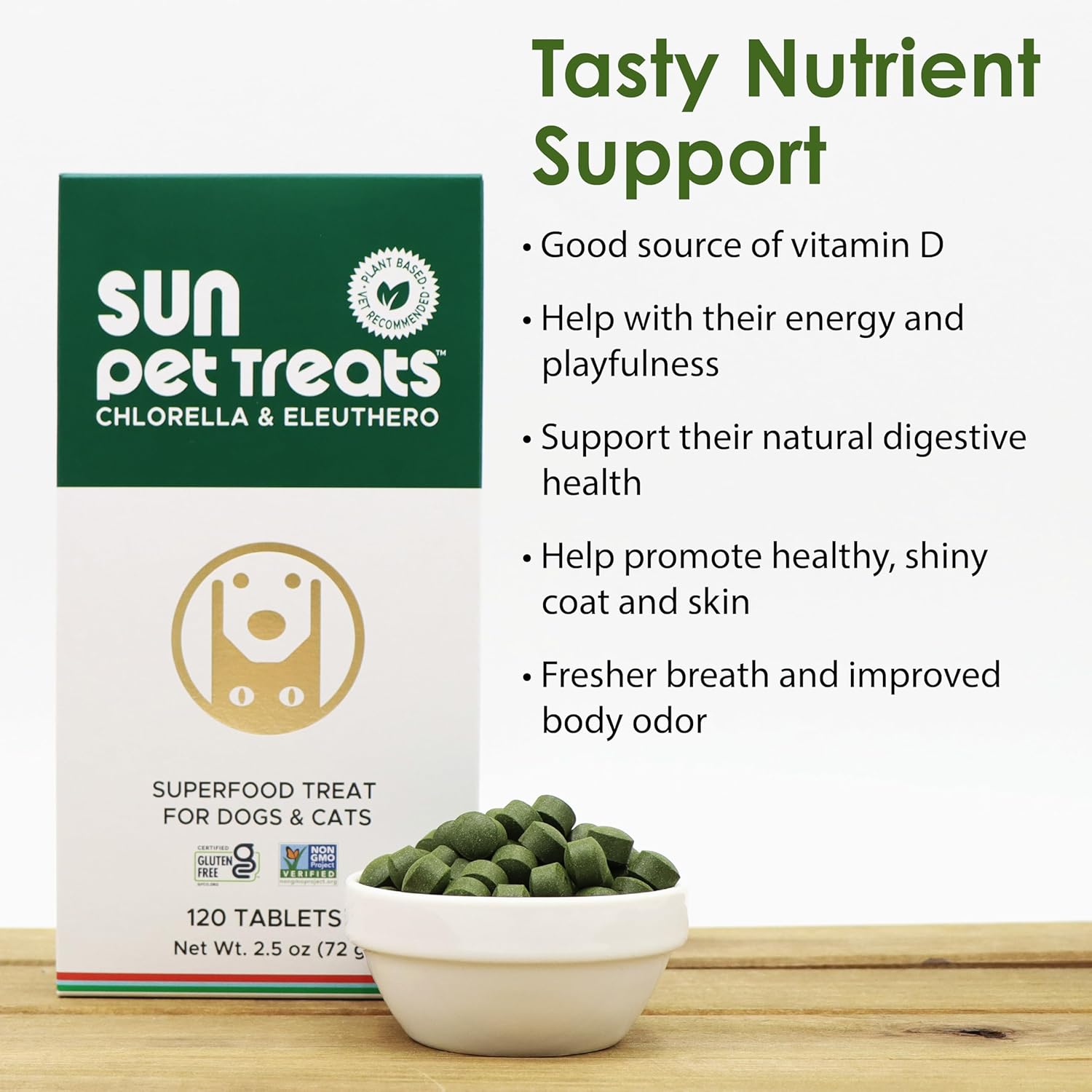 Sun Chlorella Sun Pet Treats: Green Superfood Supplement for Dogs & Cats - Immune Defense, Skin & Gut Health - 120 Bites