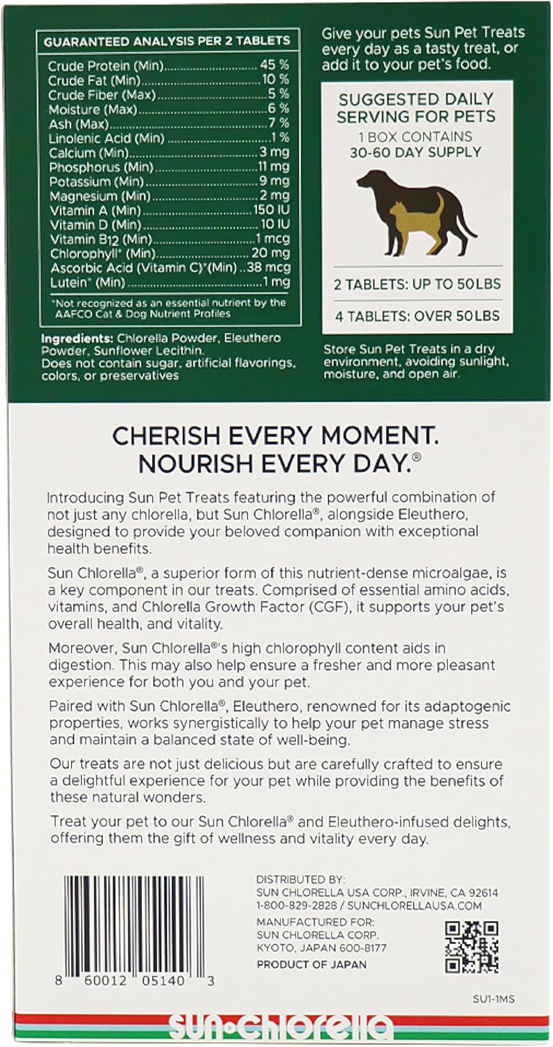Sun Chlorella Sun Pet Treats: Green Superfood Supplement for Dogs & Cats - Immune Defense, Skin & Gut Health - 120 Bites