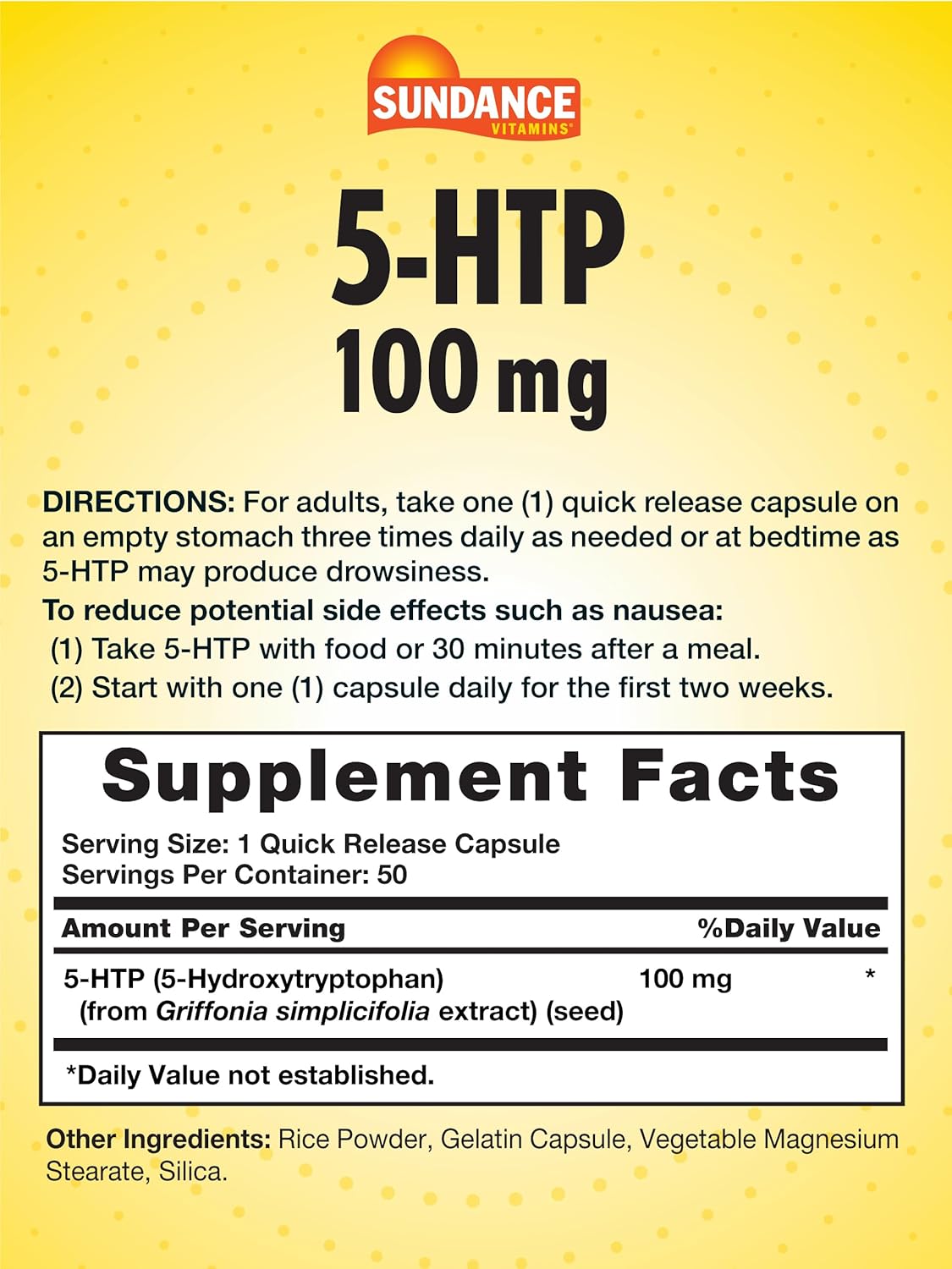 Sundance 5-HTP 100mg Capsules - Natural 5-Hydroxytryptophan Supplement - Non-GMO & Gluten-Free