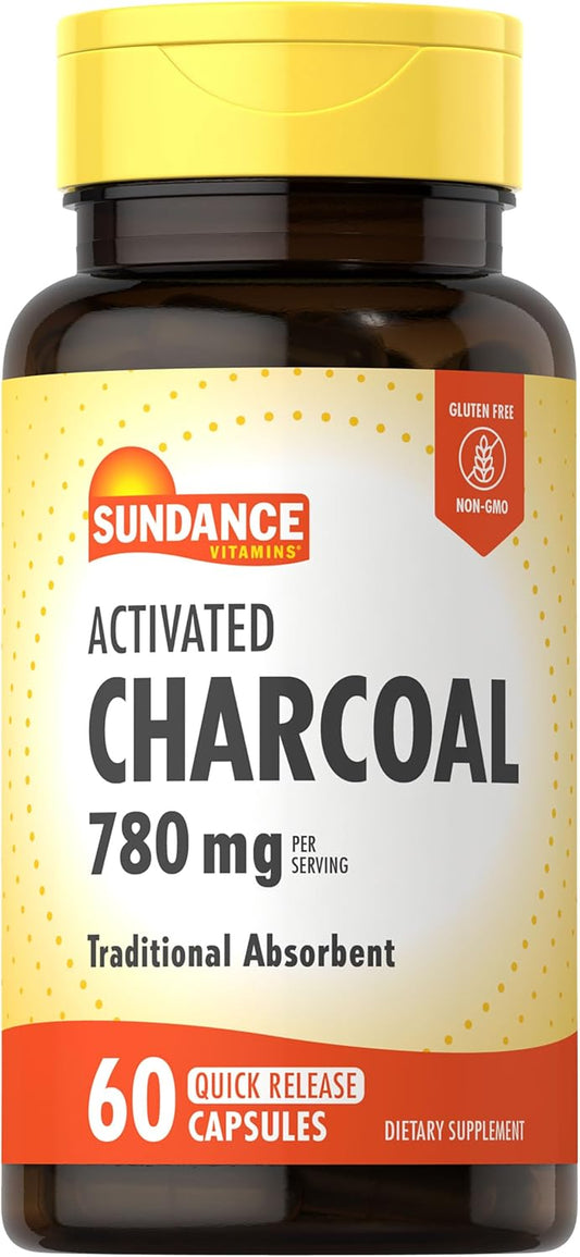 Sundance Activated Charcoal Capsules - 60 Quick Release, 780mg - Non-GMO & Gluten Free Absorbent Supplement